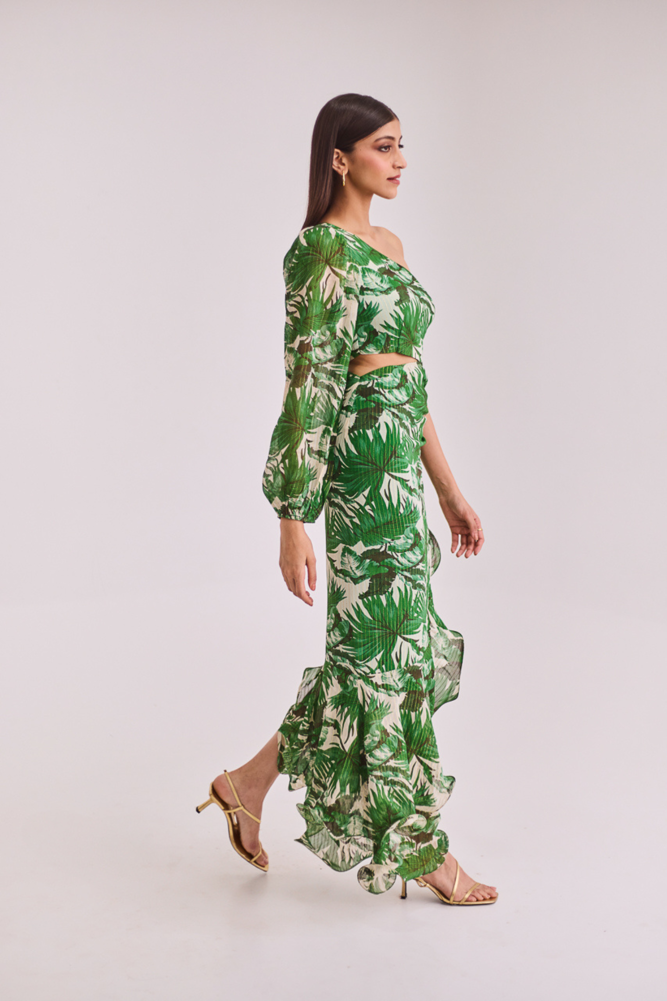Green Printed One Shoulder Maxi Dress