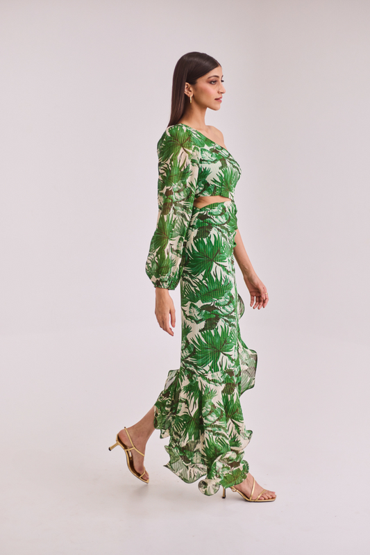 Green Printed One Shoulder Maxi Dress