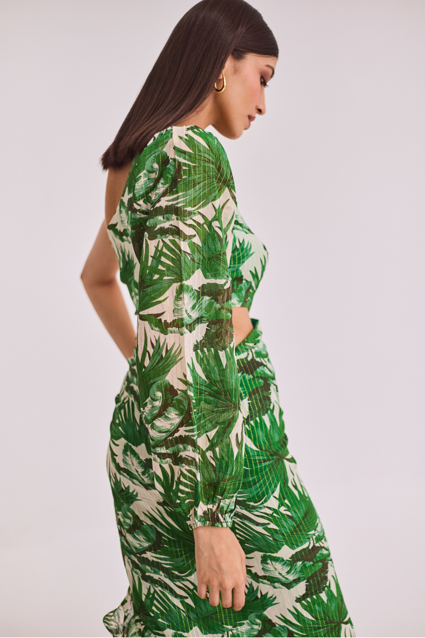 Green Printed One Shoulder Maxi Dress