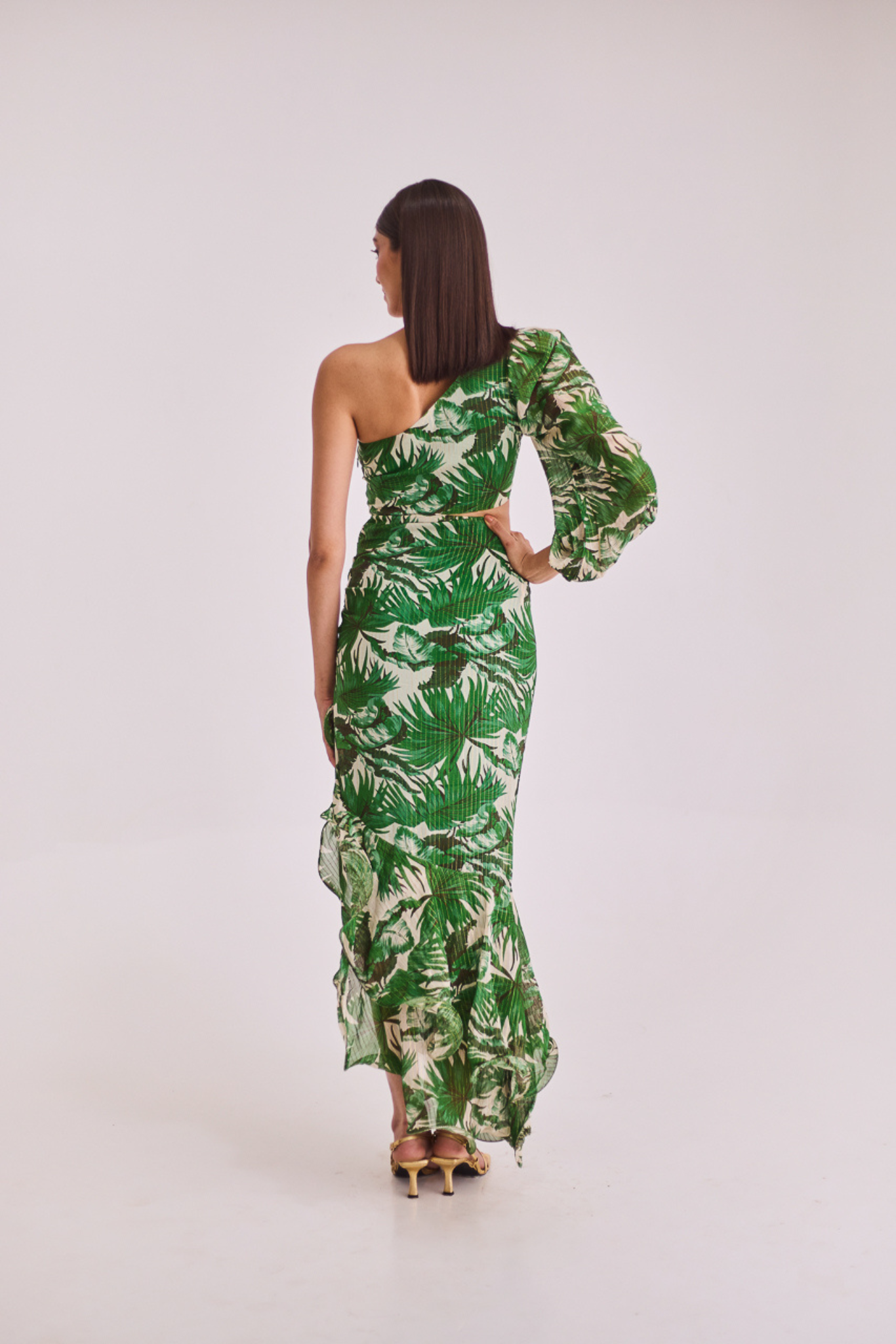 Green Printed One Shoulder Maxi Dress