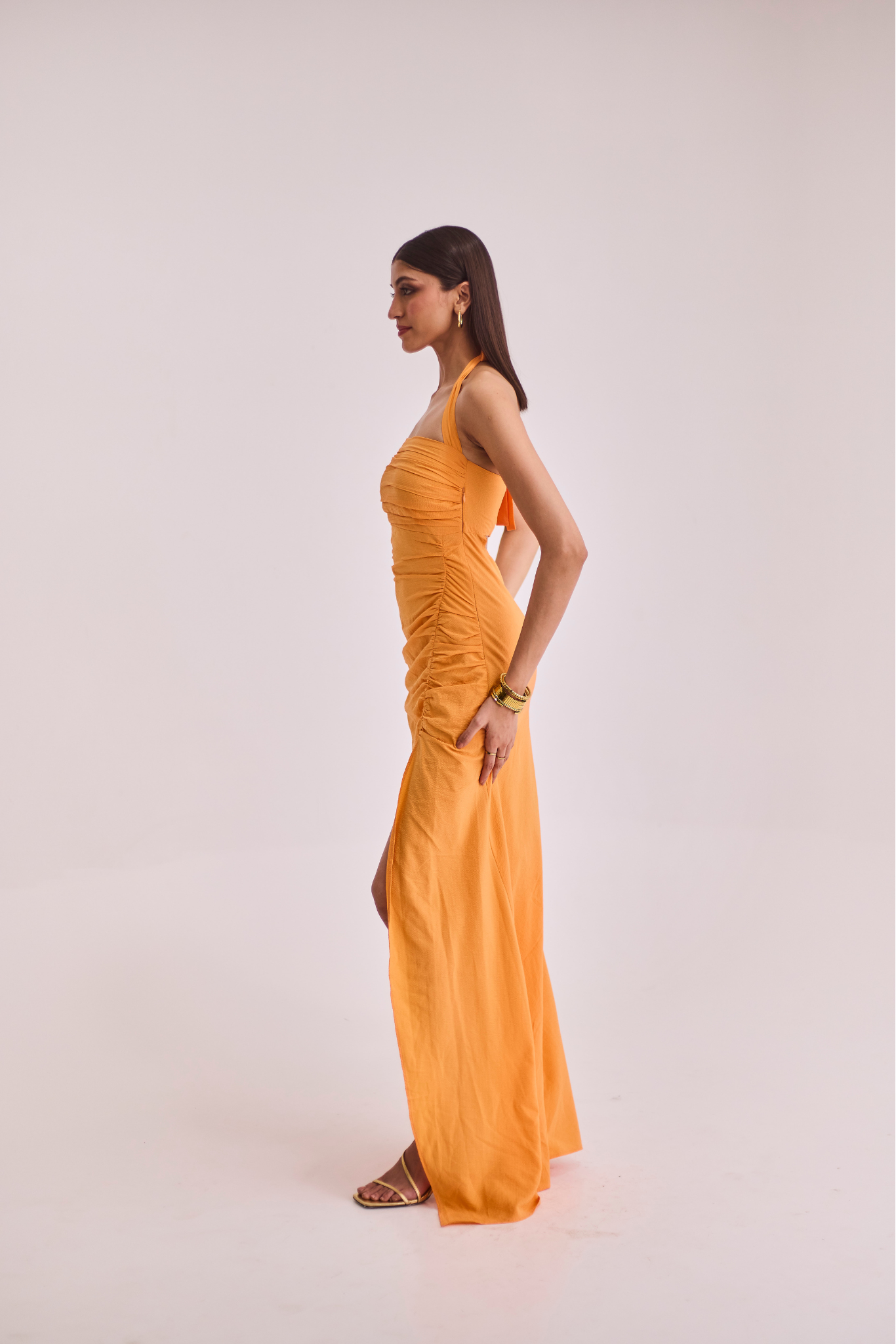 Orange Ruched Halter Maxi Dress