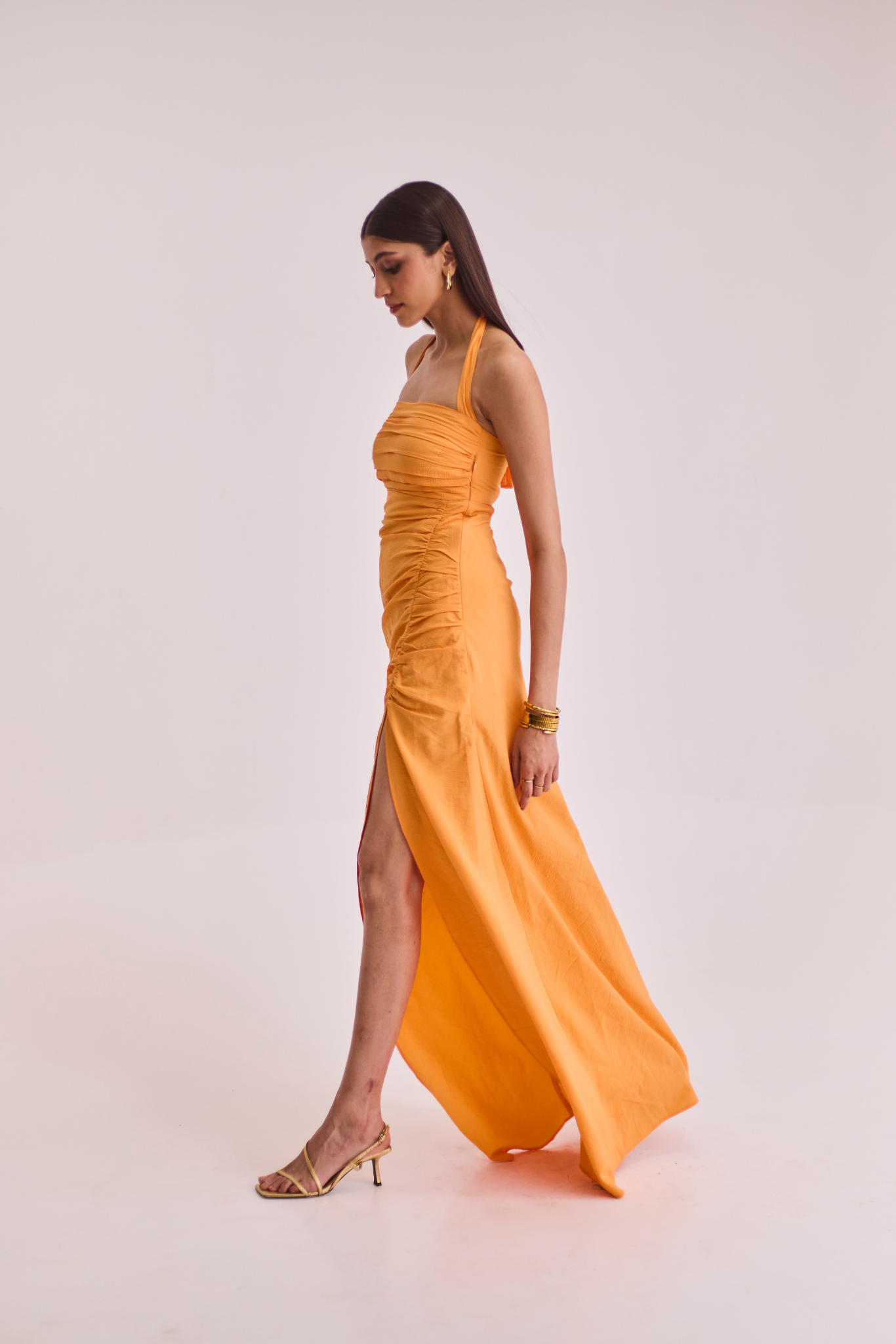 Orange Ruched Halter Maxi Dress
