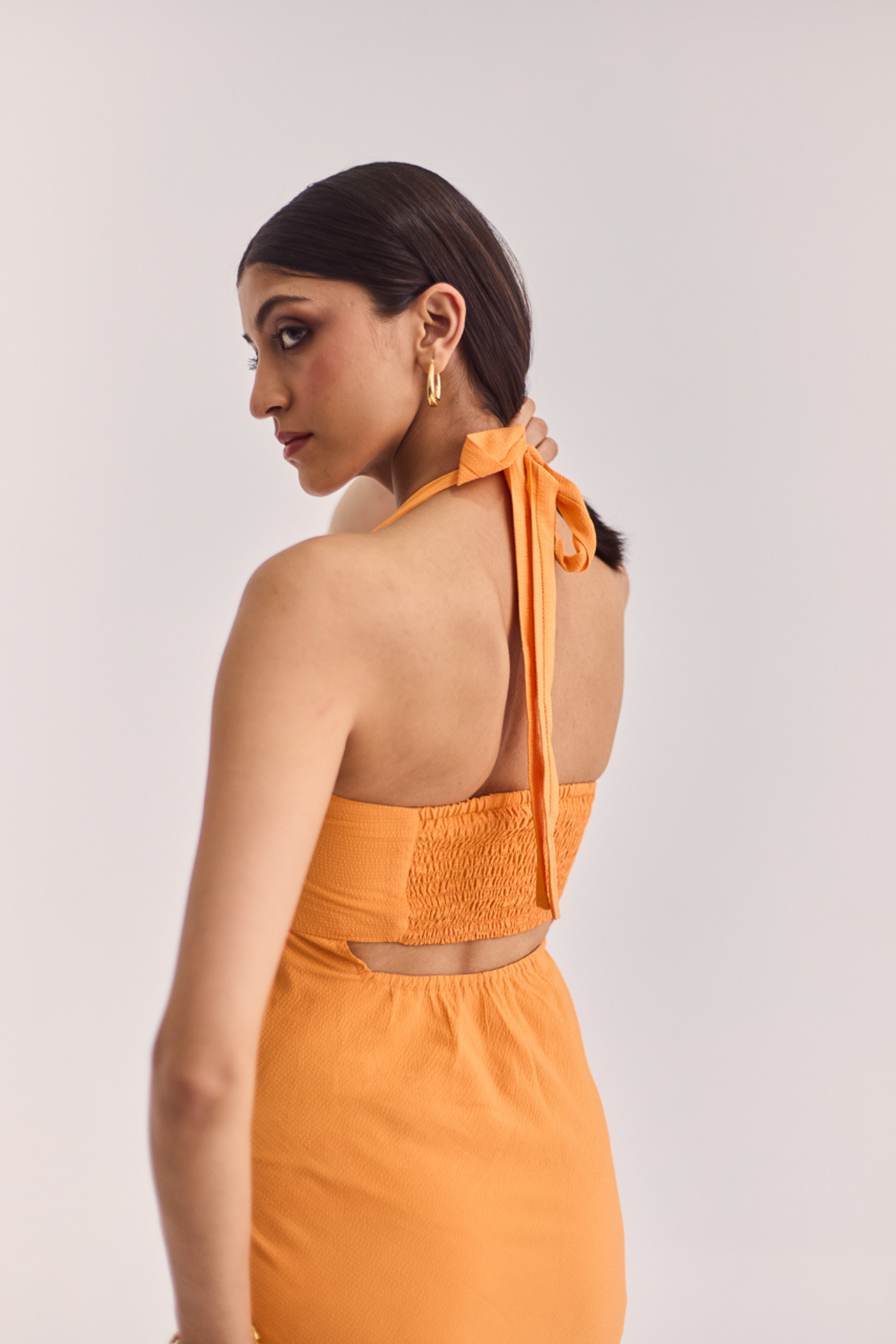 Orange Ruched Halter Maxi Dress