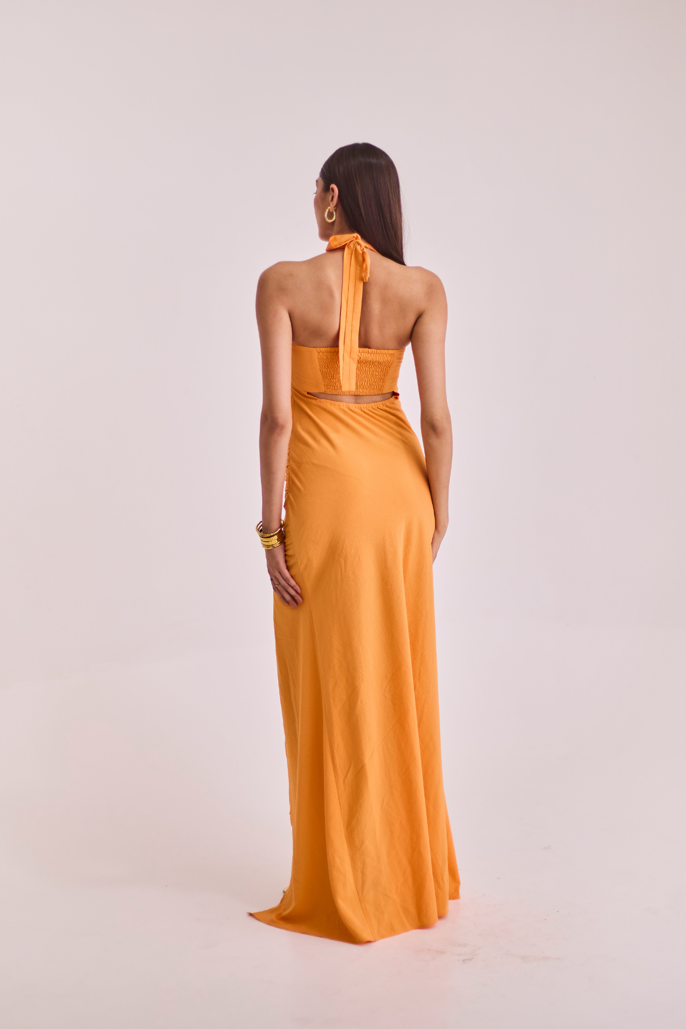 Orange Ruched Halter Maxi Dress