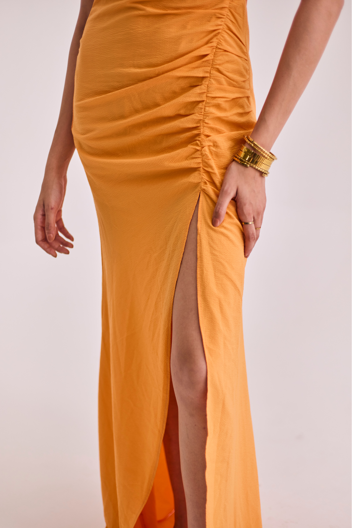 Orange Ruched Halter Maxi Dress