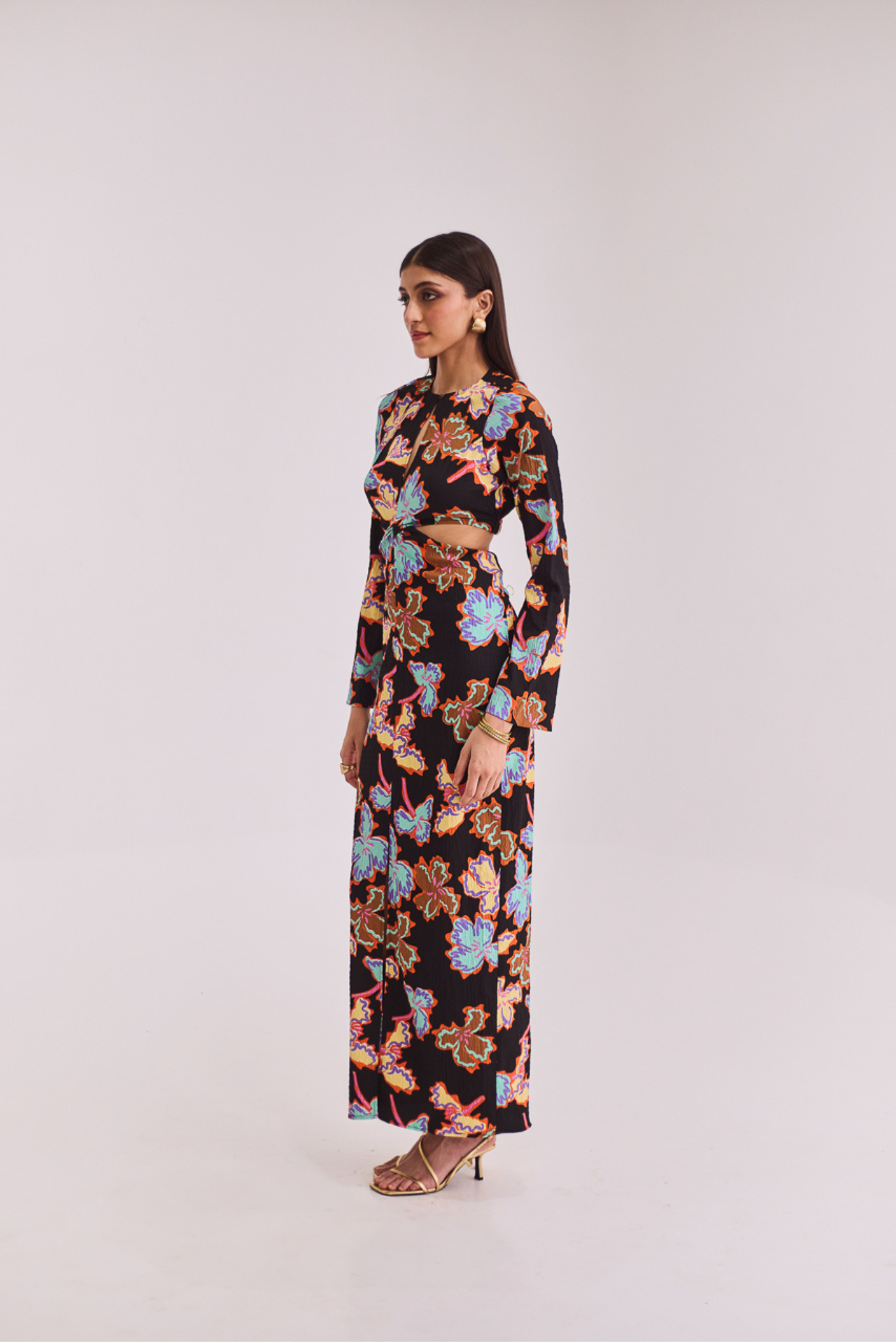 Black Printed Full Sleeves Midi Dress