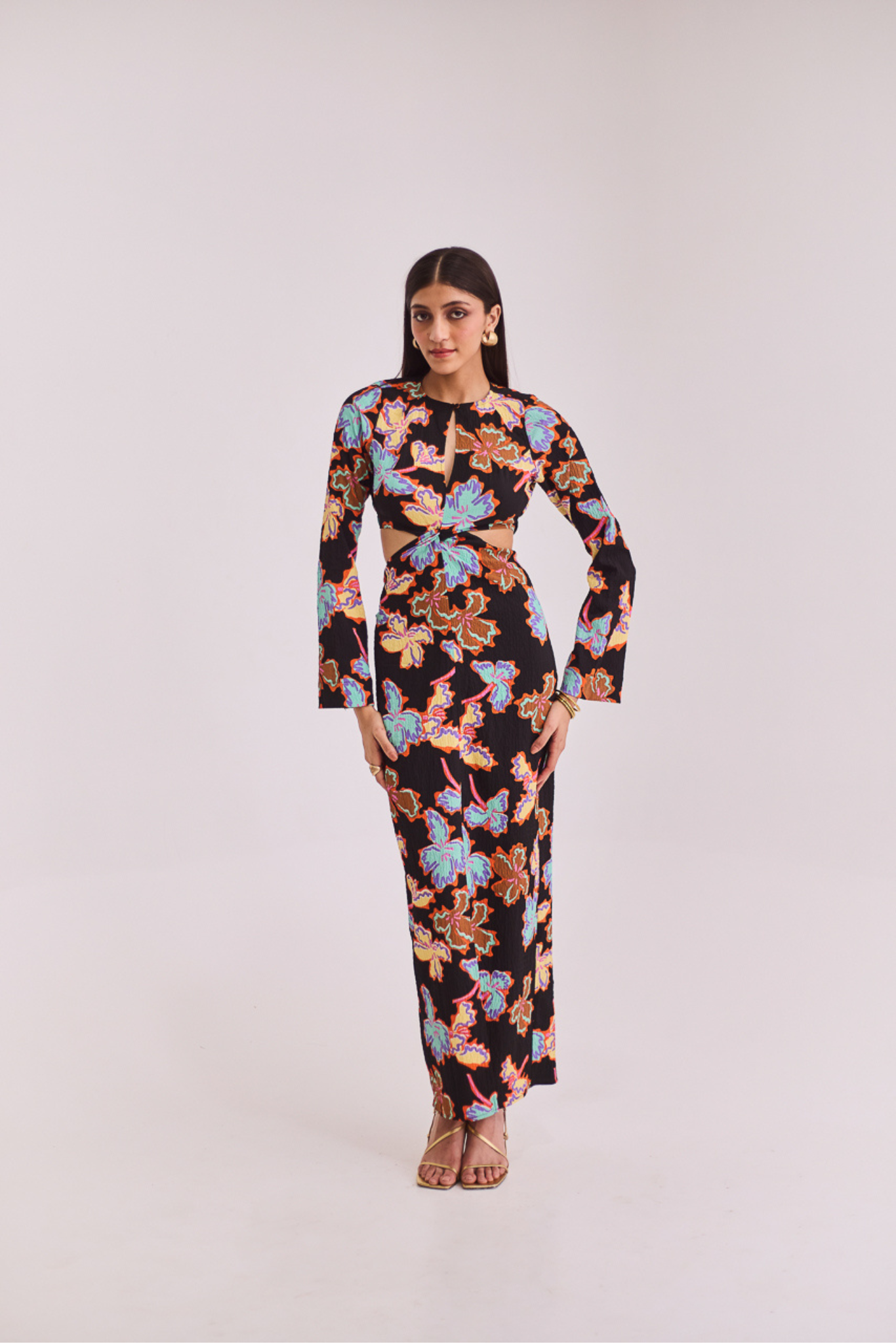 Black Printed Full Sleeves Midi Dress