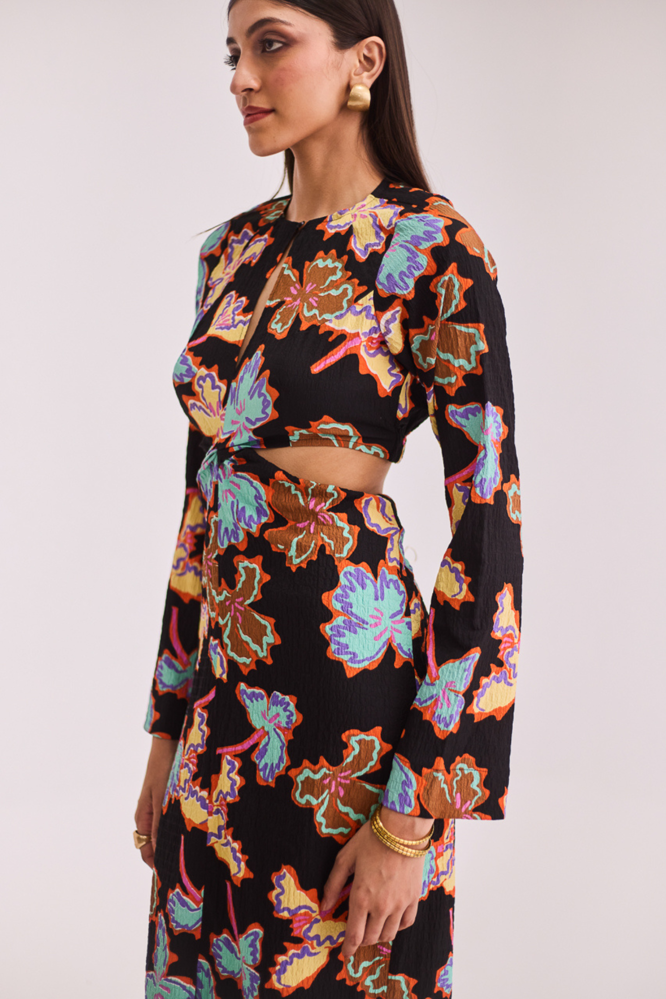 Black Printed Full Sleeves Midi Dress