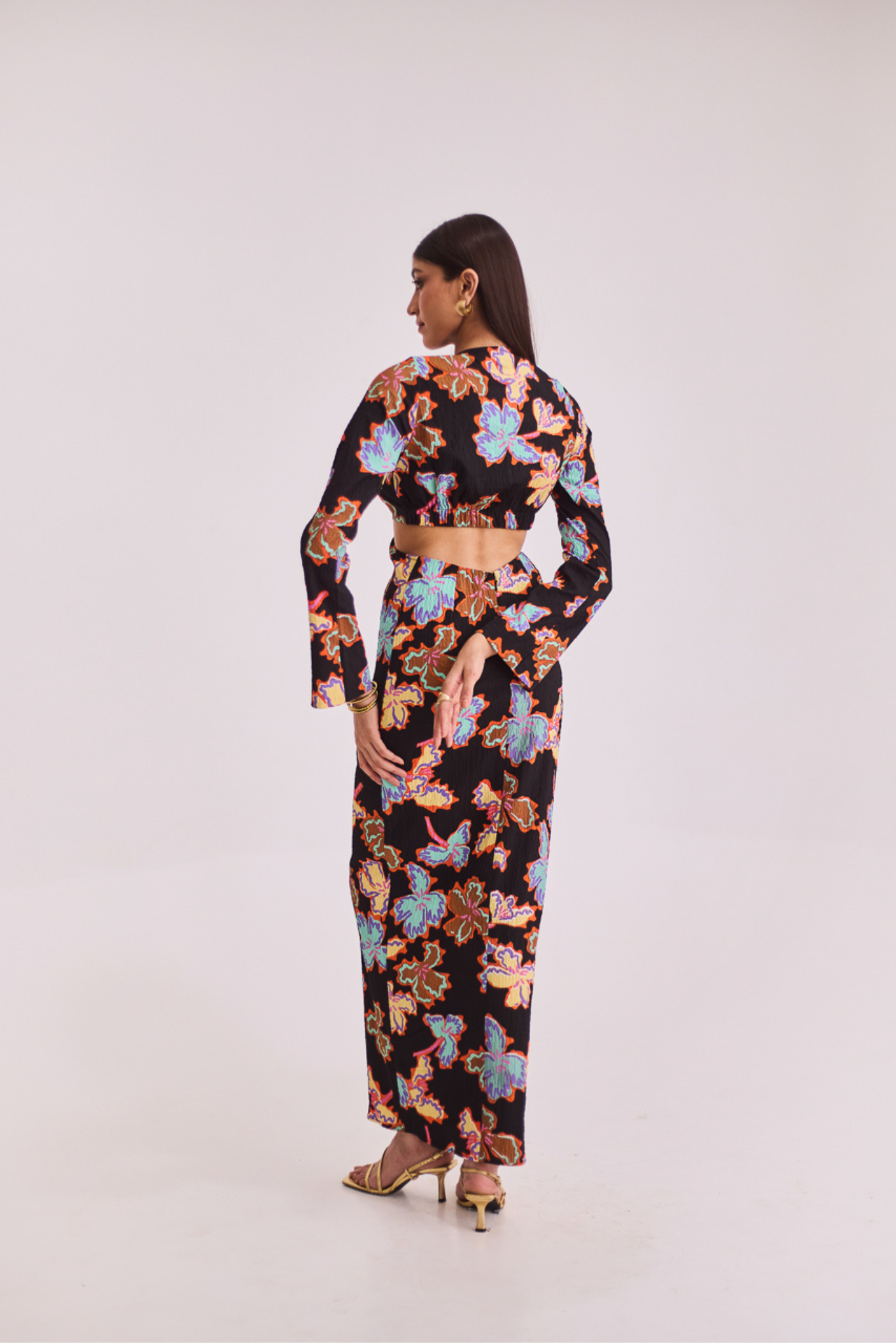 Black Printed Full Sleeves Midi Dress