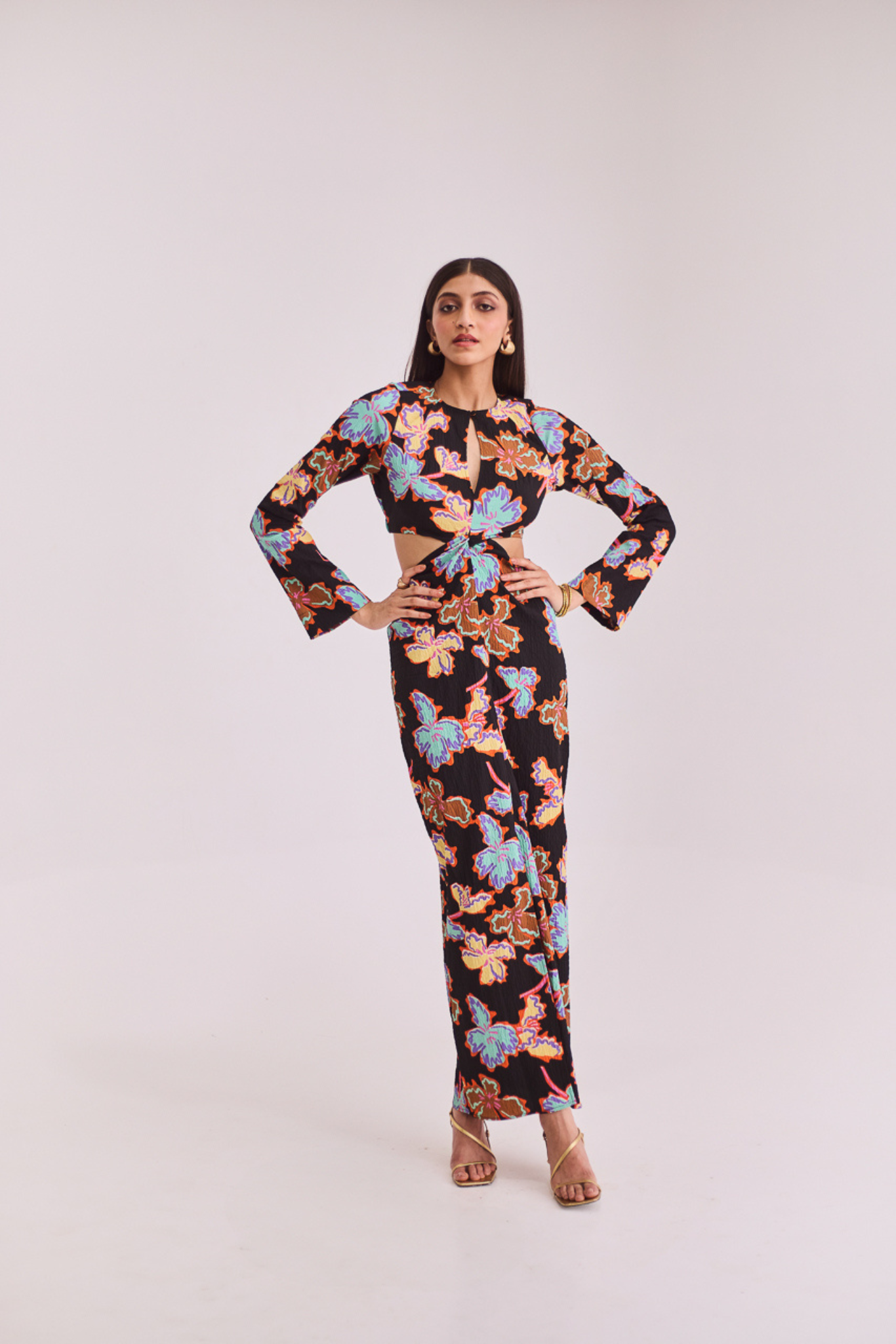 Black Printed Full Sleeves Midi Dress
