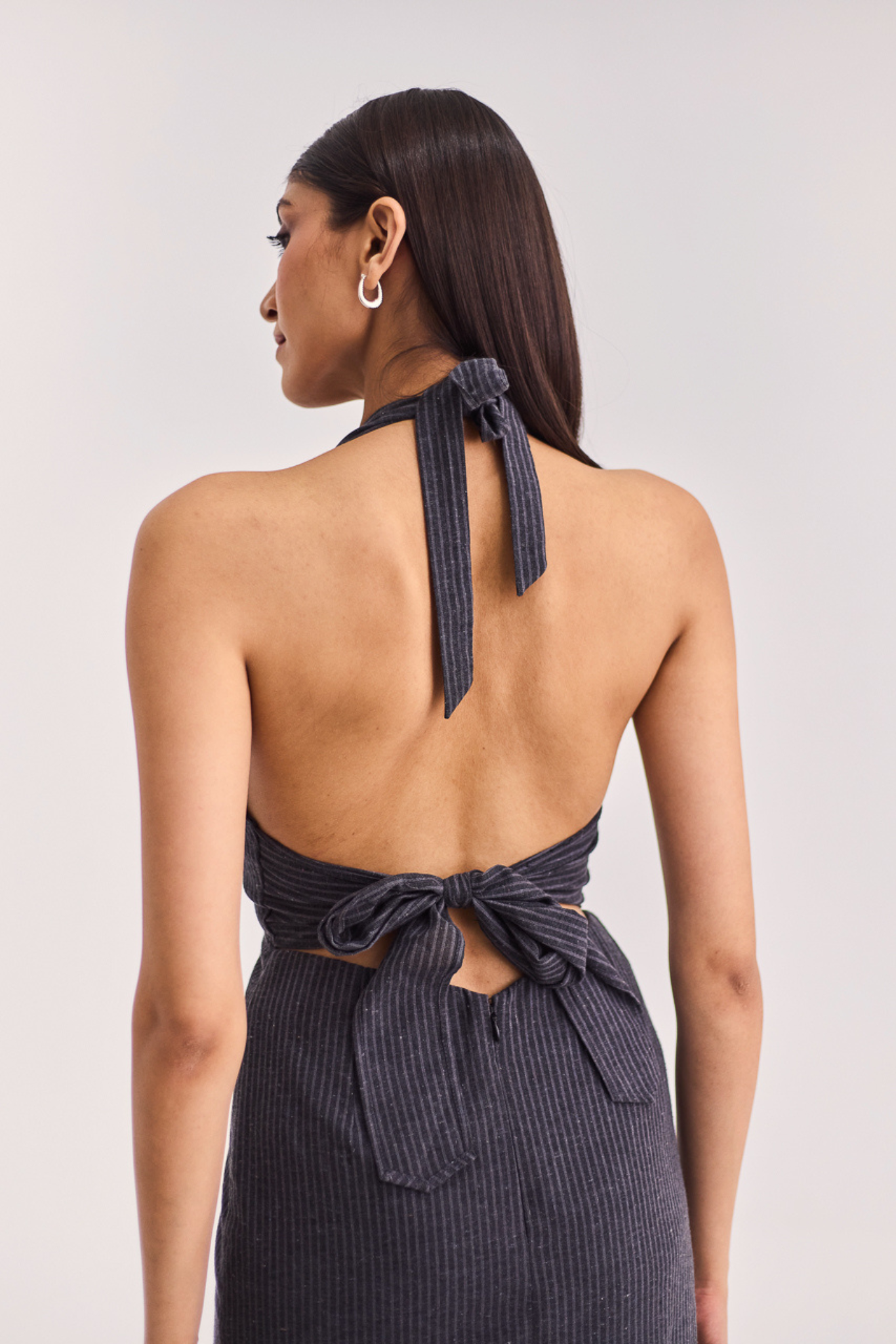 Grey Striped Halter Midi Dress