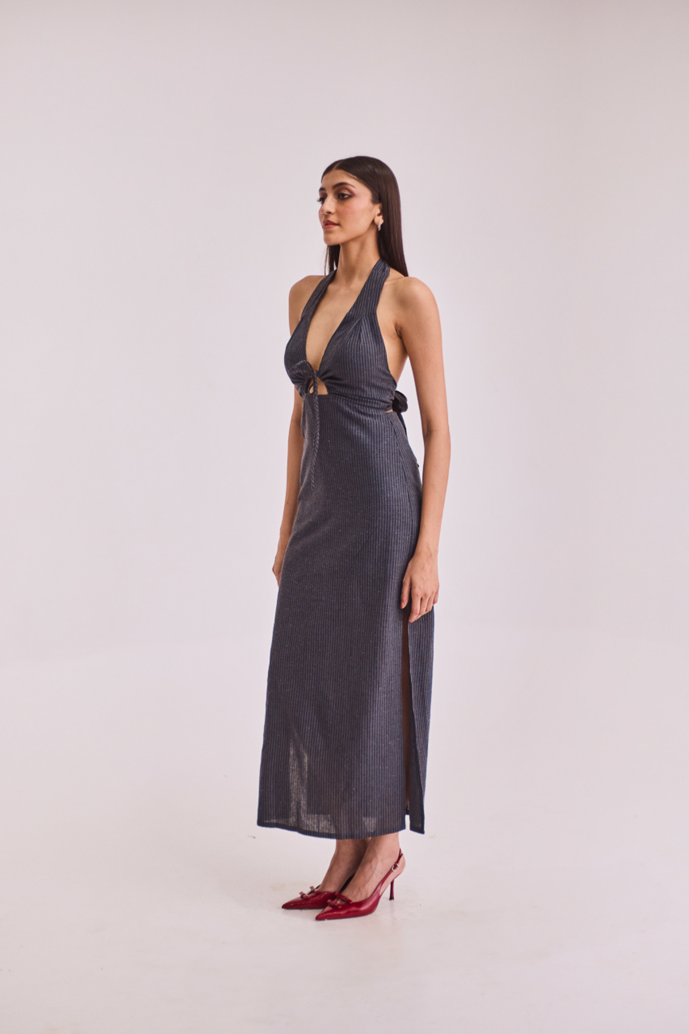 Grey Striped Halter Midi Dress