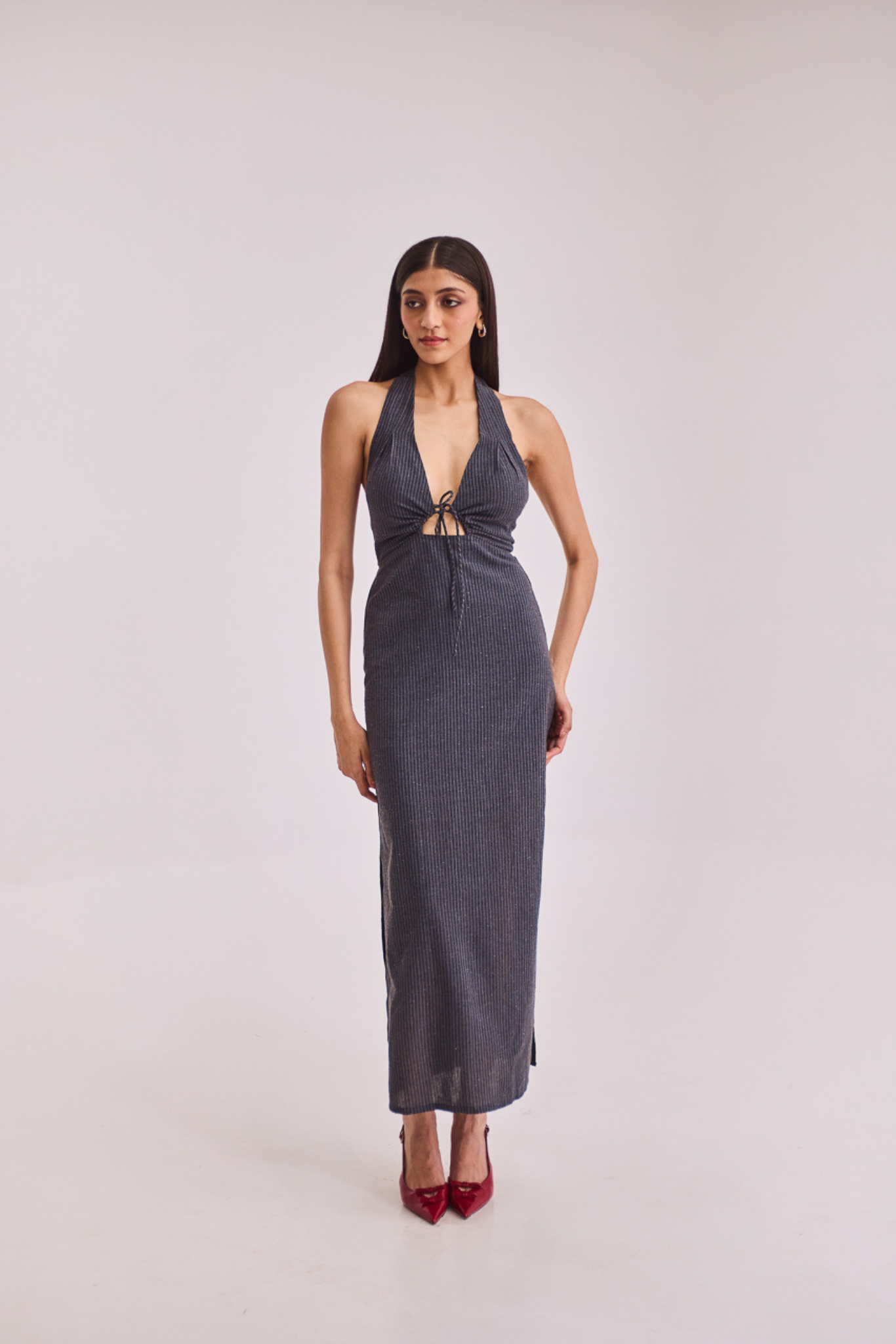 Grey Striped Halter Midi Dress