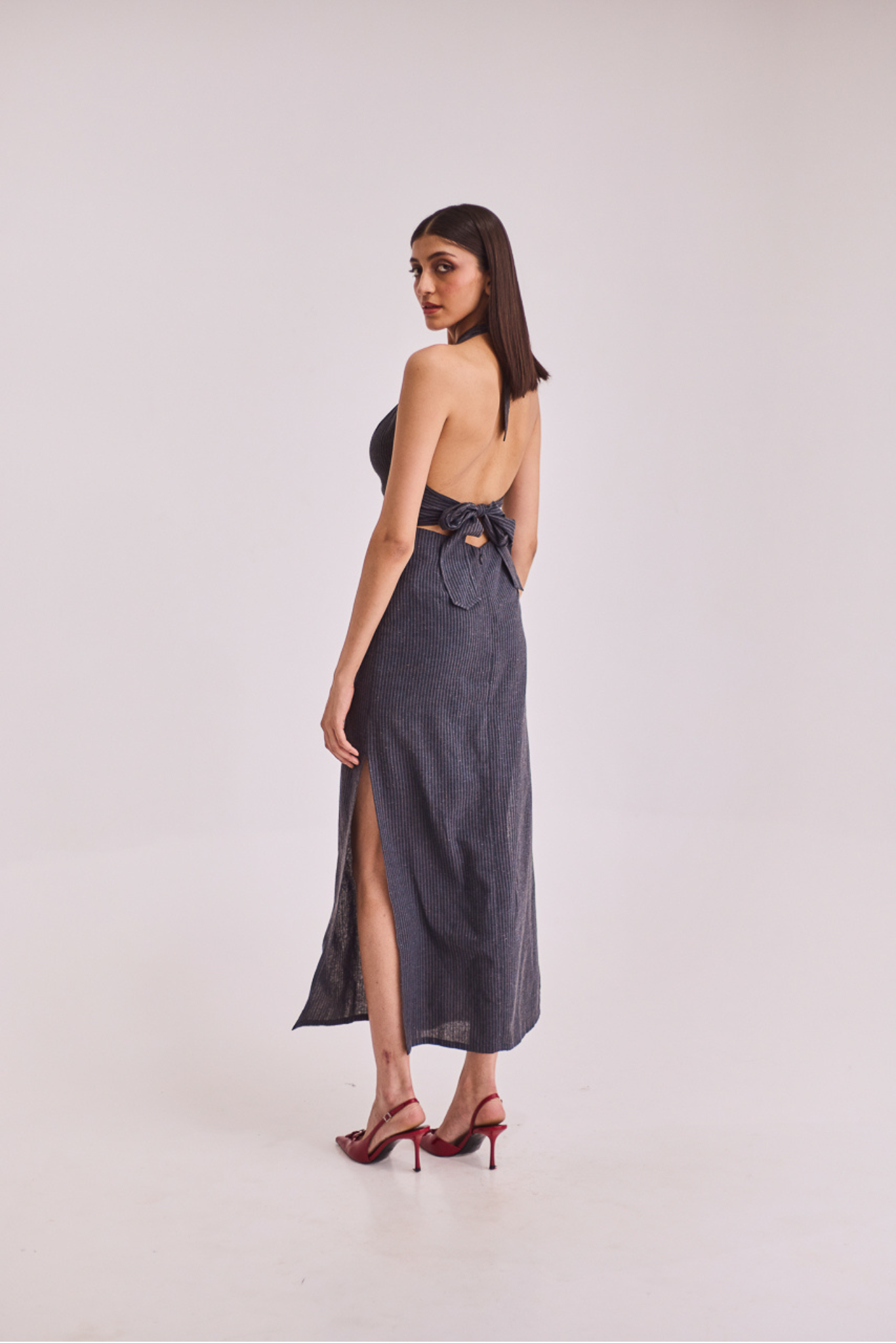 Grey Striped Halter Midi Dress