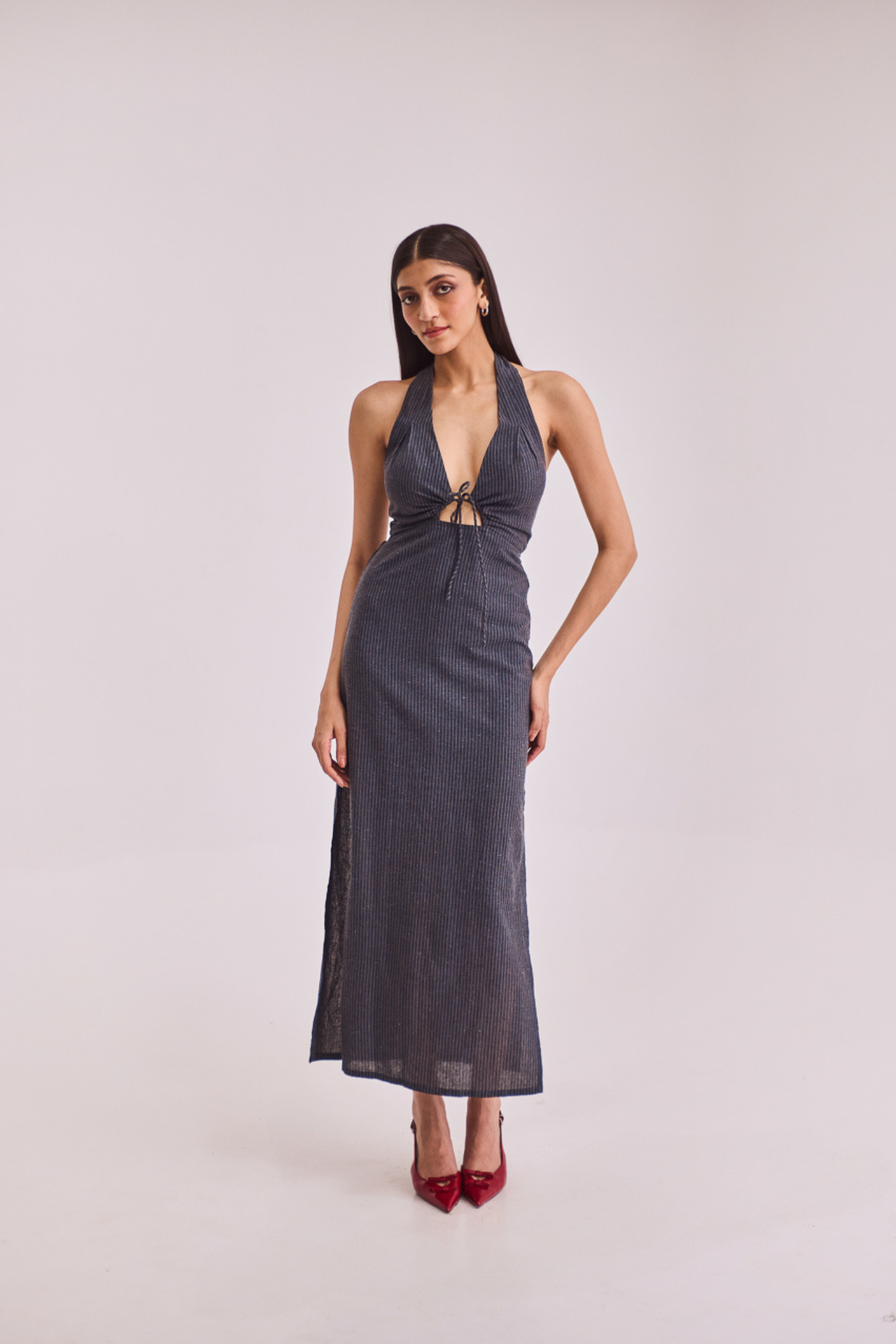 Grey Striped Halter Midi Dress