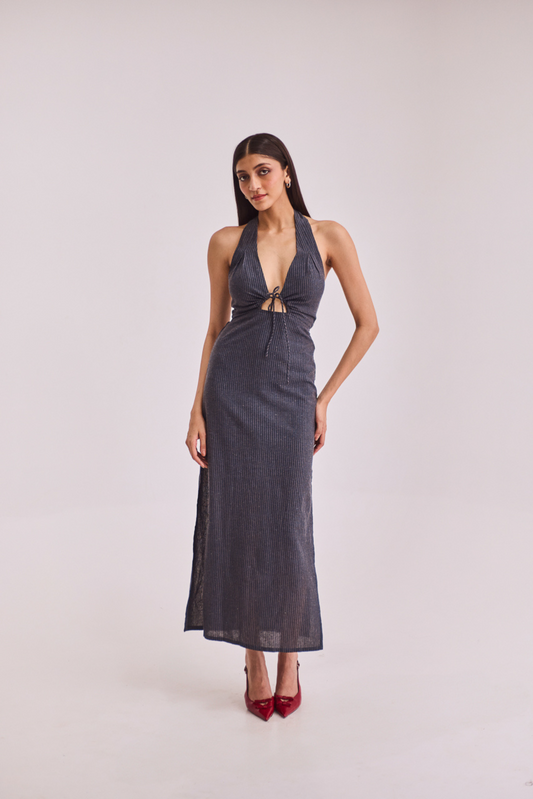 Grey Striped Halter Midi Dress