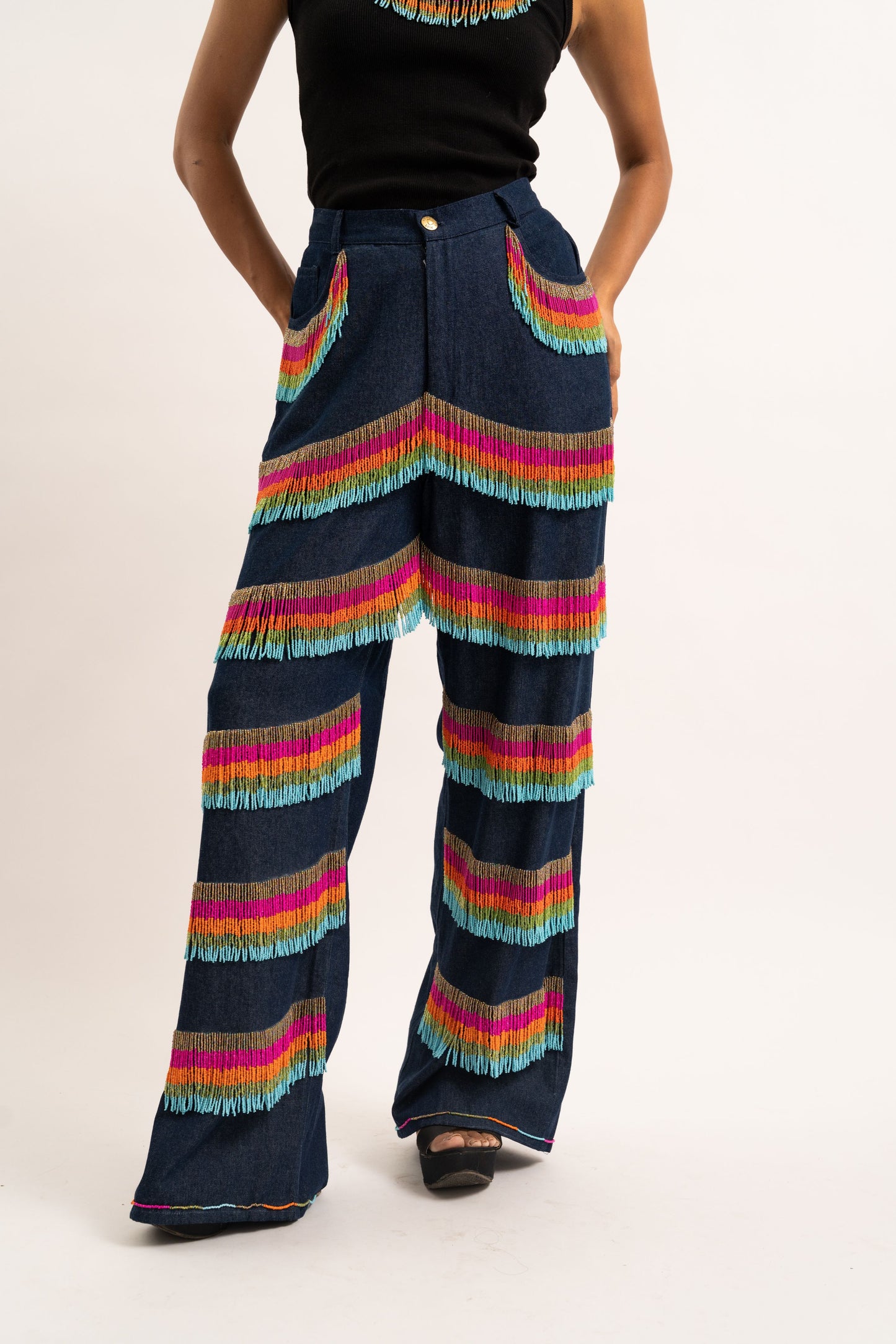 Rainbow tassel denim