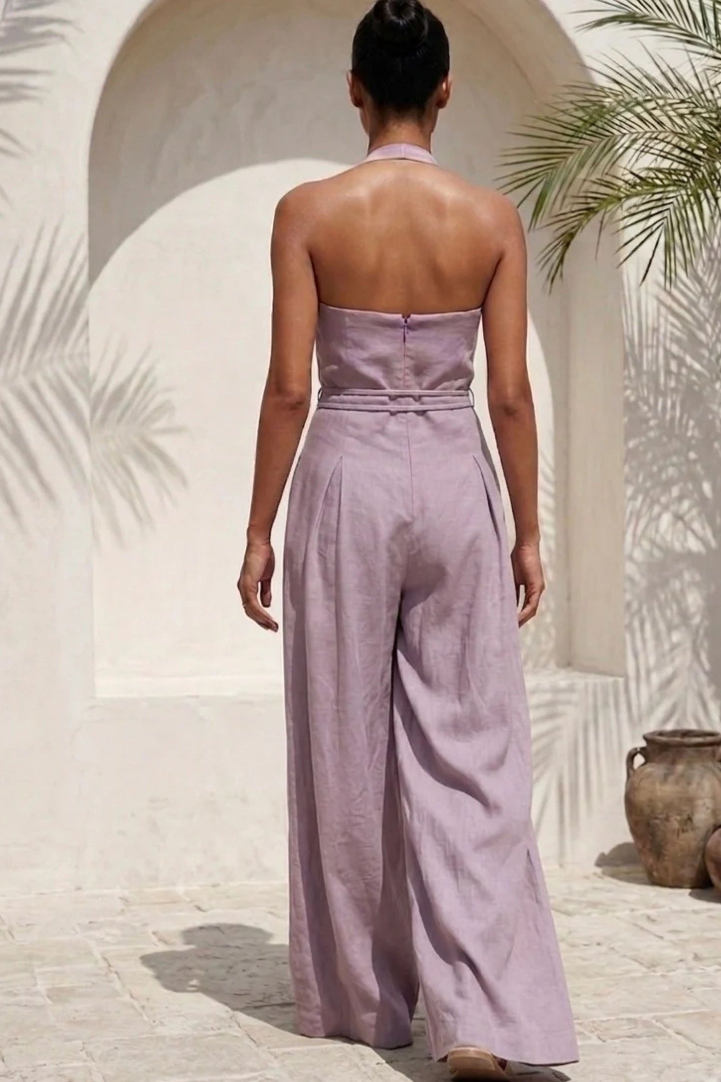 MAUVE JUMPSUIT WITH BOX PLEAD AND METAL EMBELLISHED TIE-UP BELT