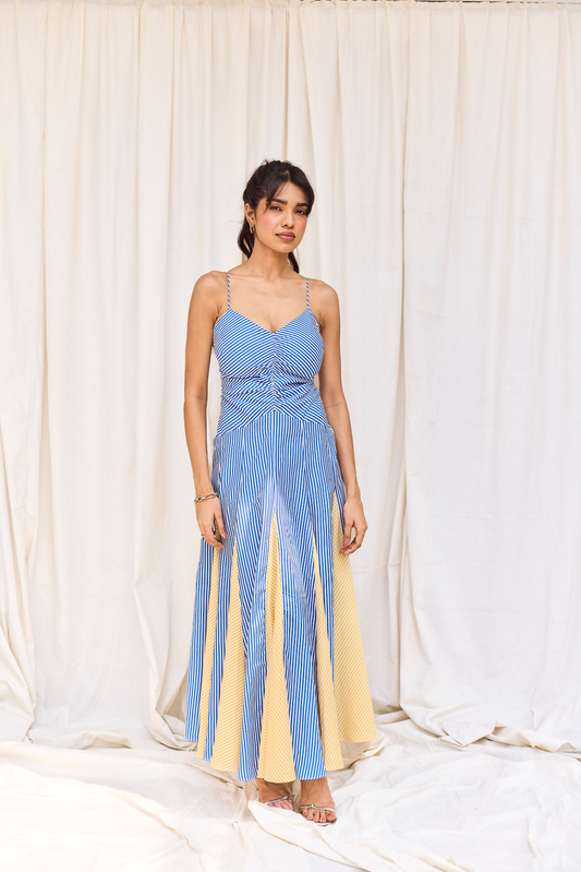 Blue Striped Flared Midi Dress