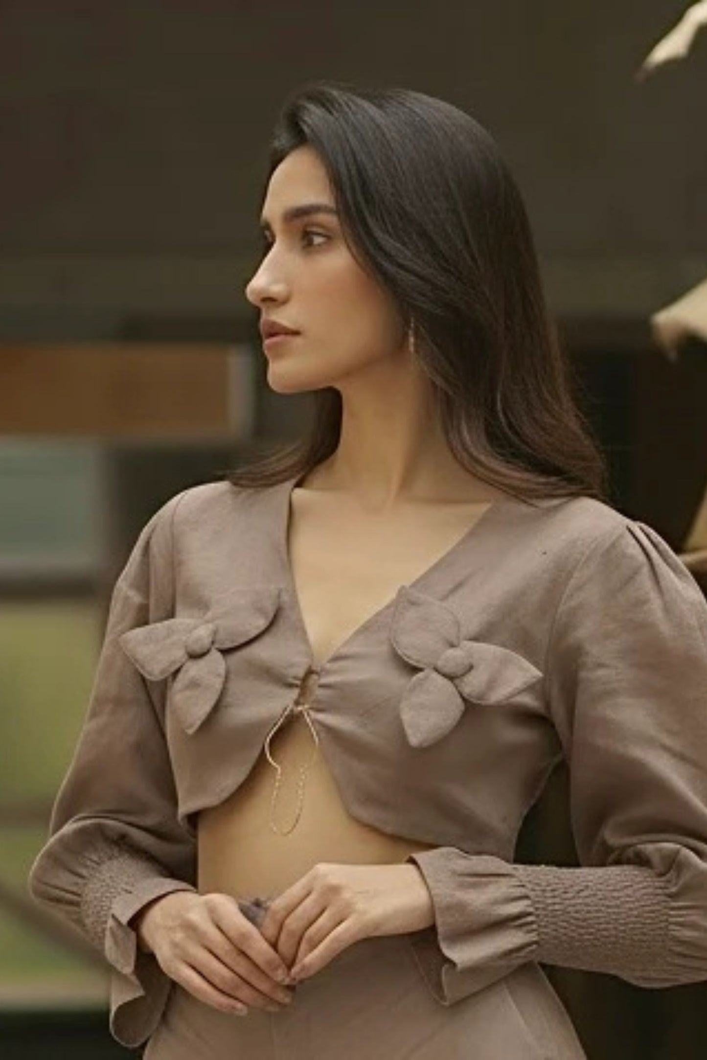 MOCHA MOUSSE FLORAL APPLIQUE TOP WITH METAL DETAILING WITH FLARED PANTS