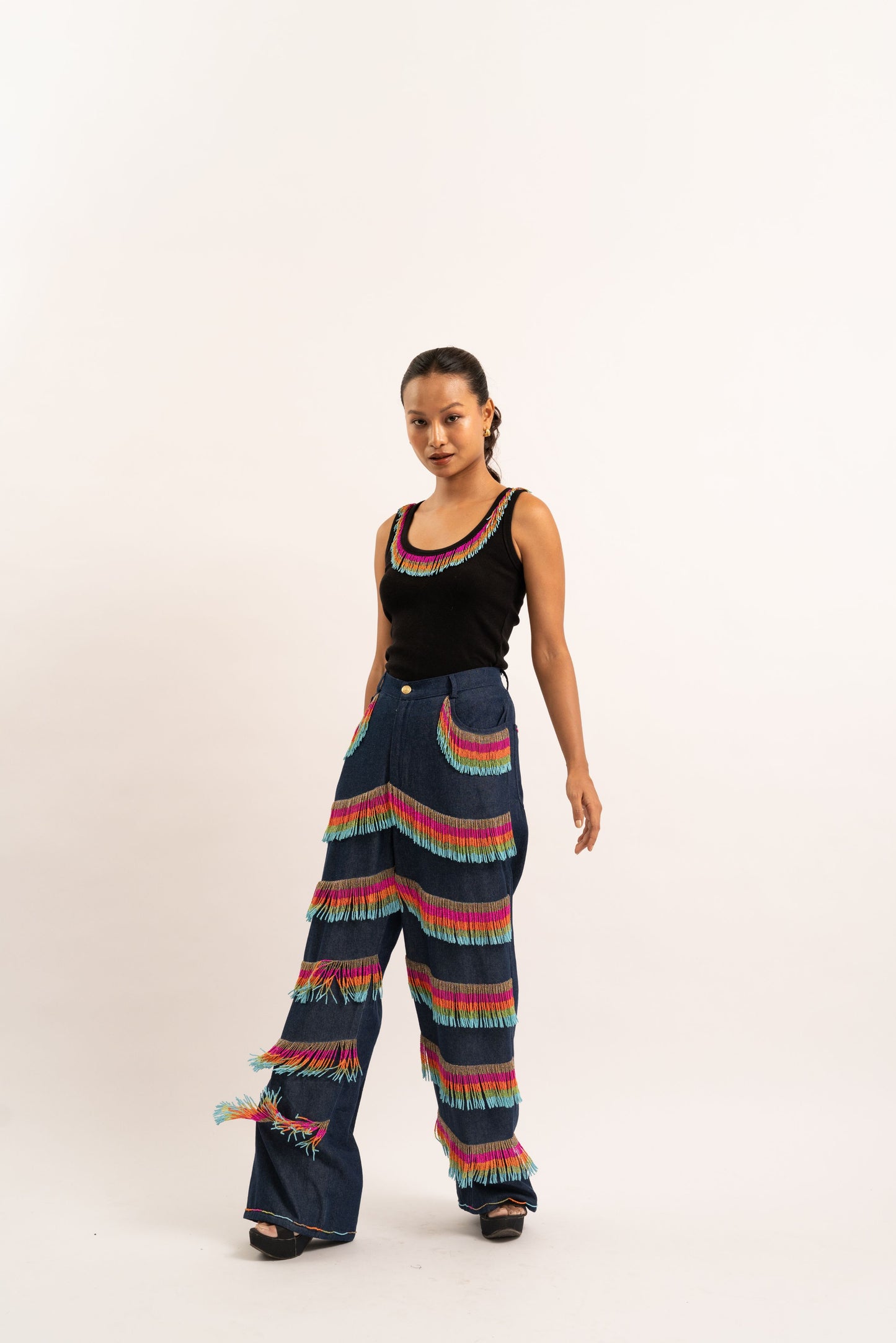 Rainbow tassel denim