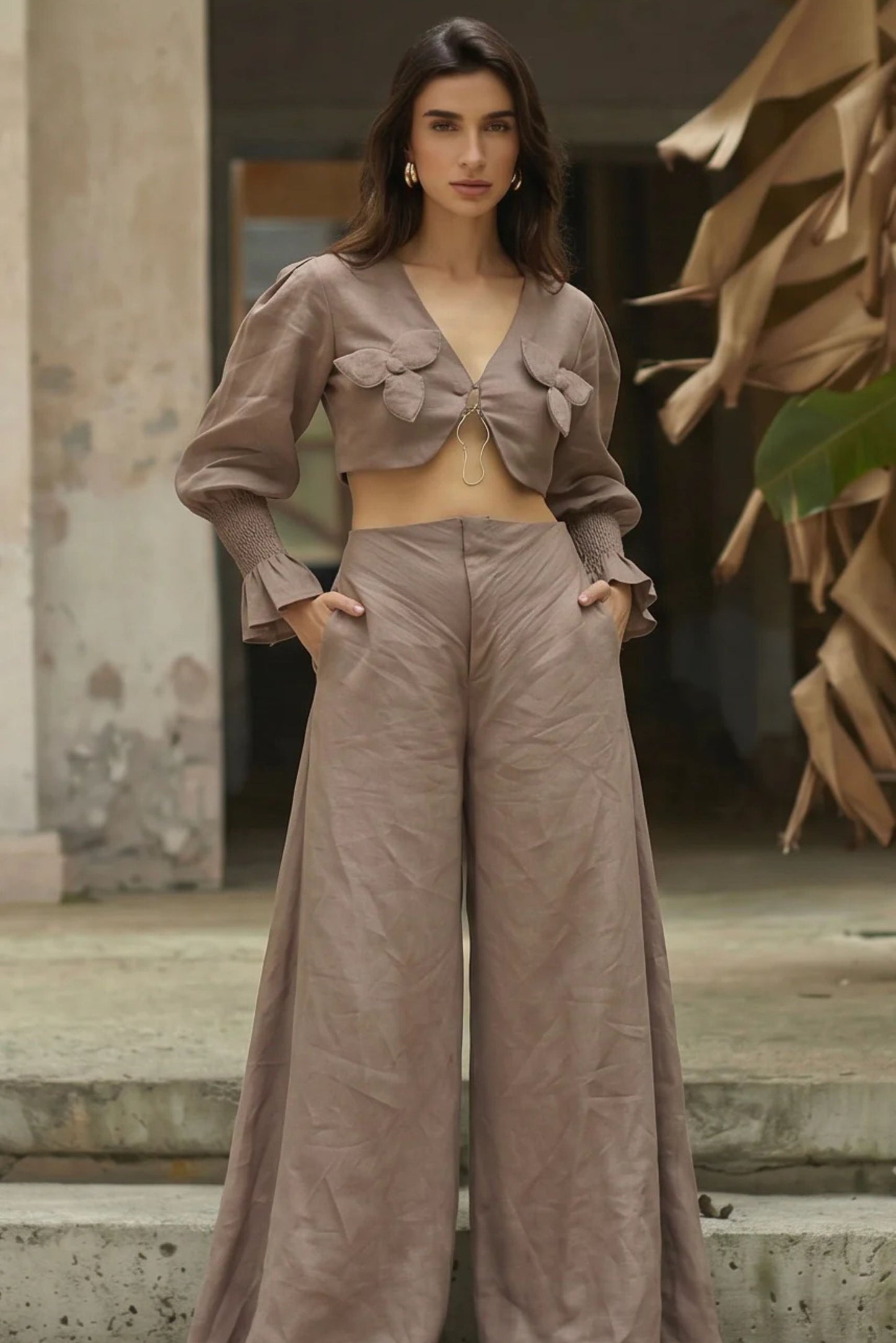 MOCHA MOUSSE FLORAL APPLIQUE TOP WITH METAL DETAILING WITH FLARED PANTS
