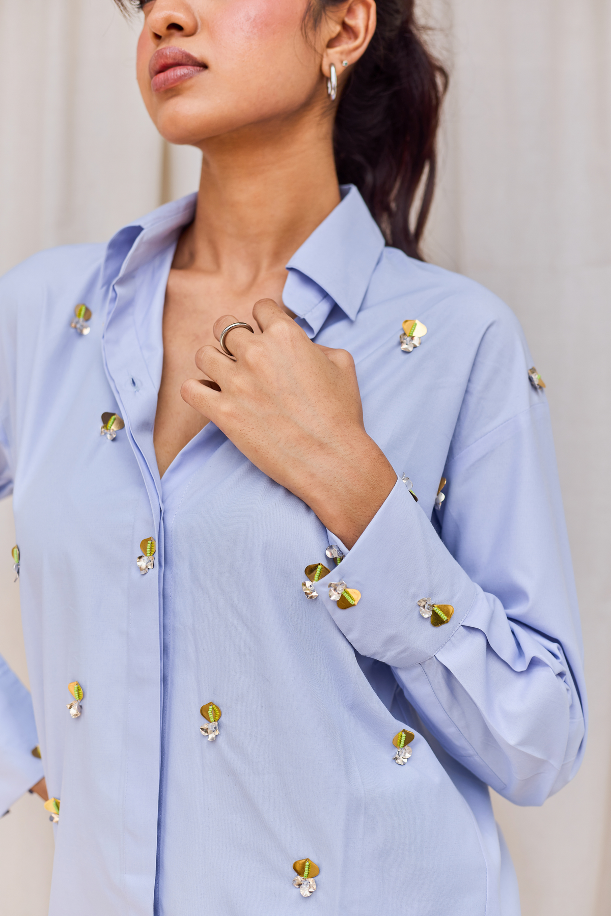 Blue Cotton Embroidered Shirt