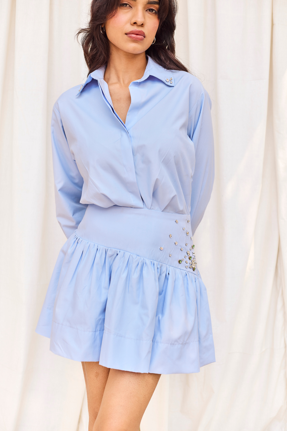 Blue Poplin Short Shirt Dress with Hand Embroidery Detail
