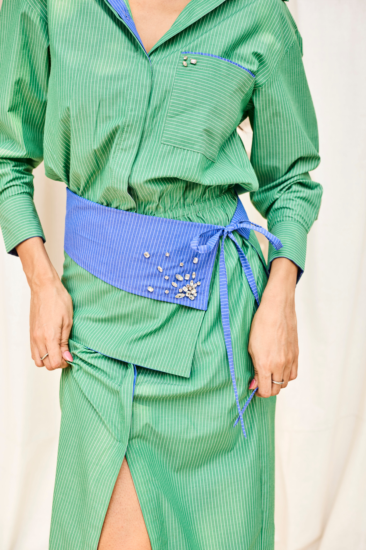 Green Striped Hand Embroidered Midi Dress with Belt