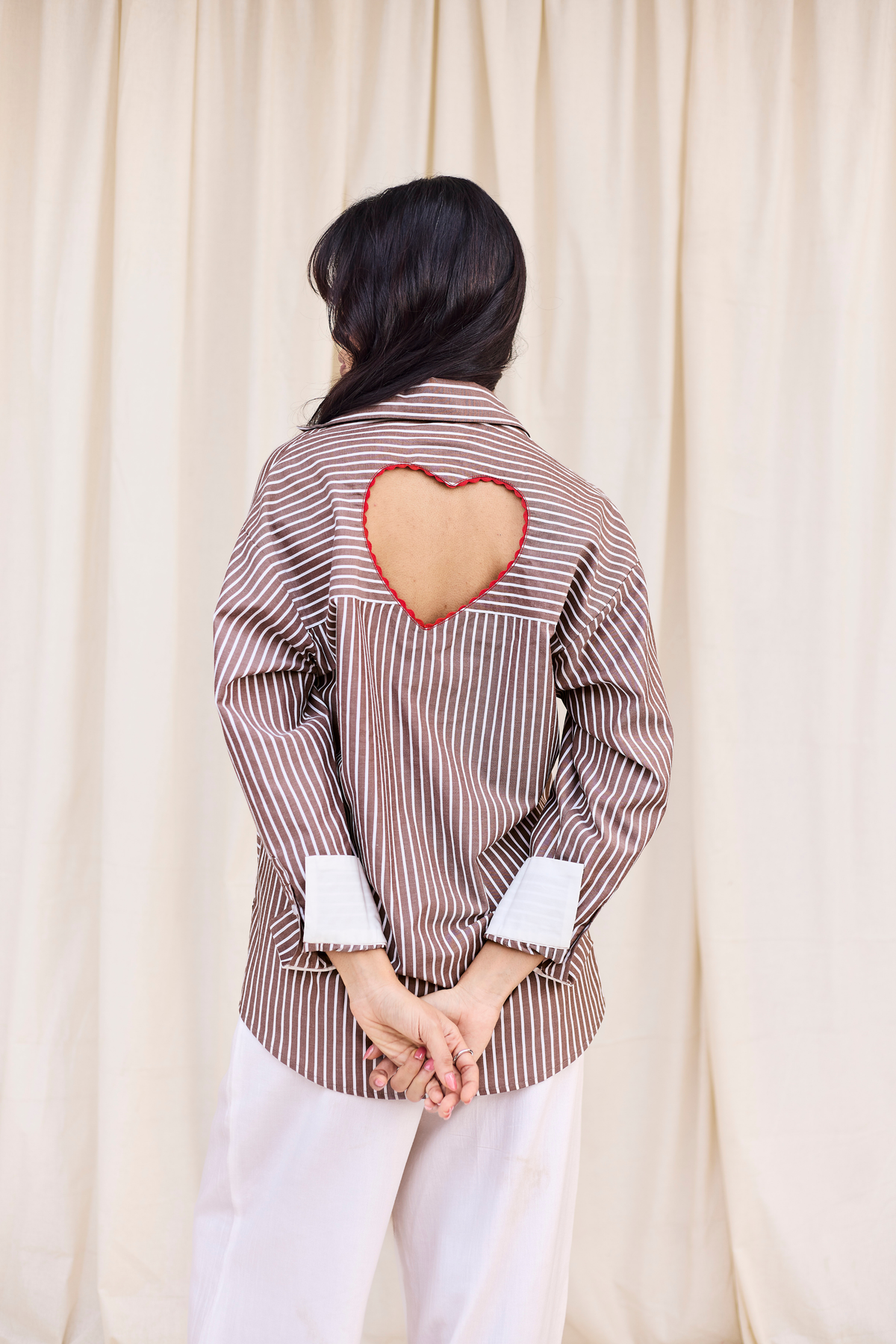 Brown Striped Heart Cut-Out Shirt