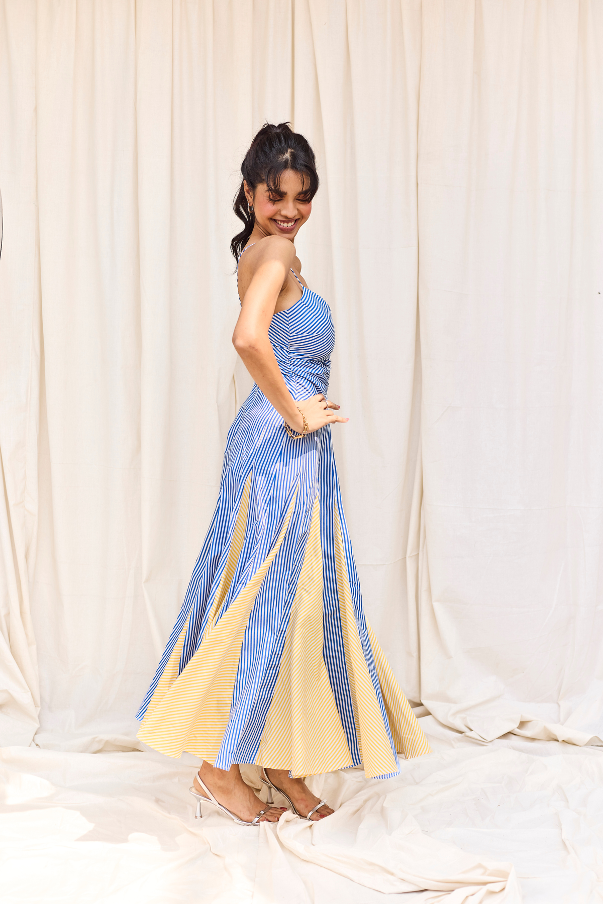 Blue Striped Flared Midi Dress