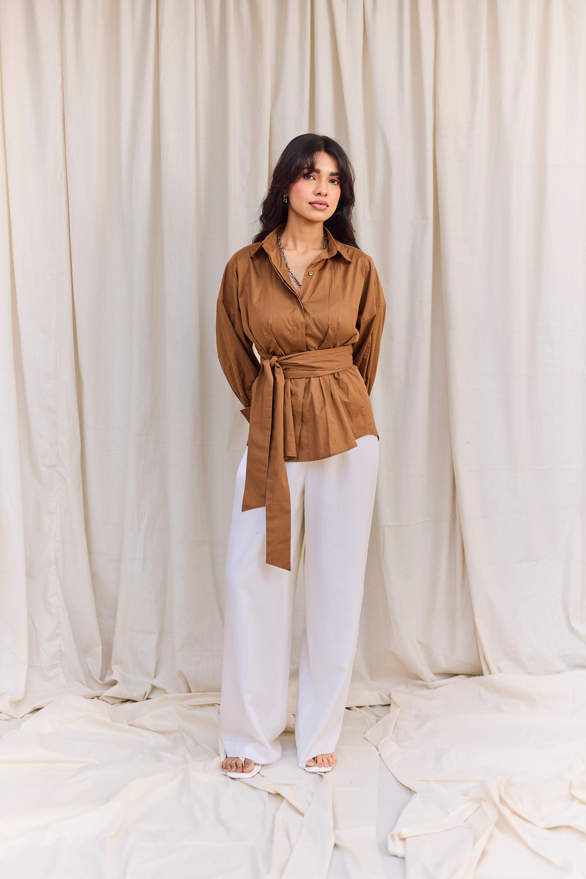 Brown Poplin Wrap Shirt