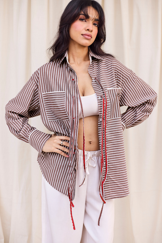 Brown Striped Heart Cut-Out Shirt