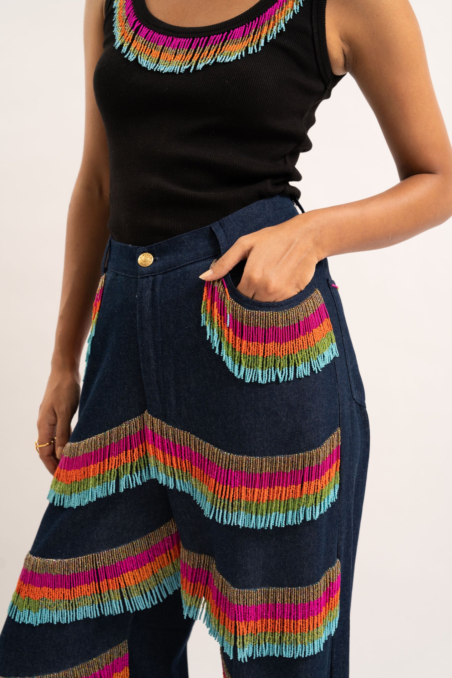 Rainbow tassel denim