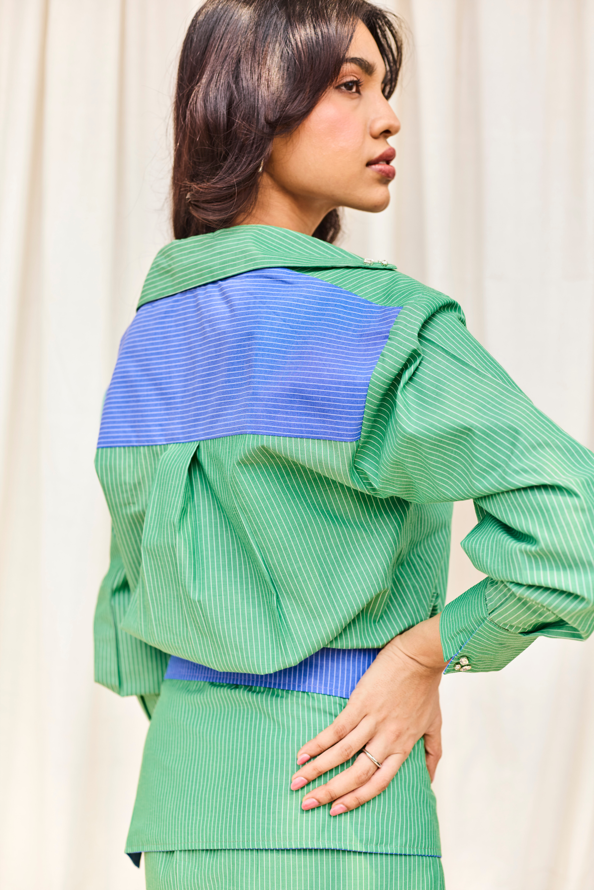 Green Striped Hand Embroidered Midi Dress with Belt