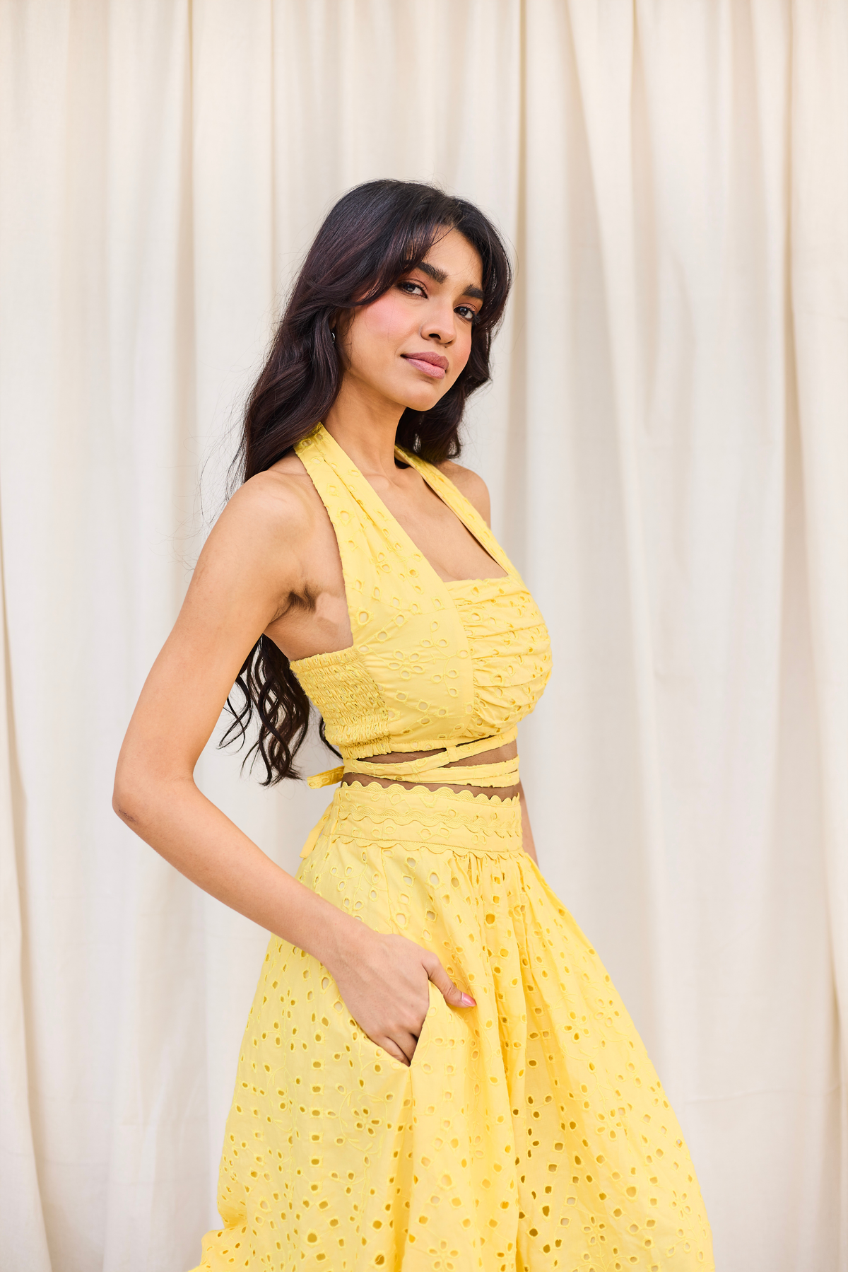 Yellow Schiffli Halter Top with Tie-Up Detail