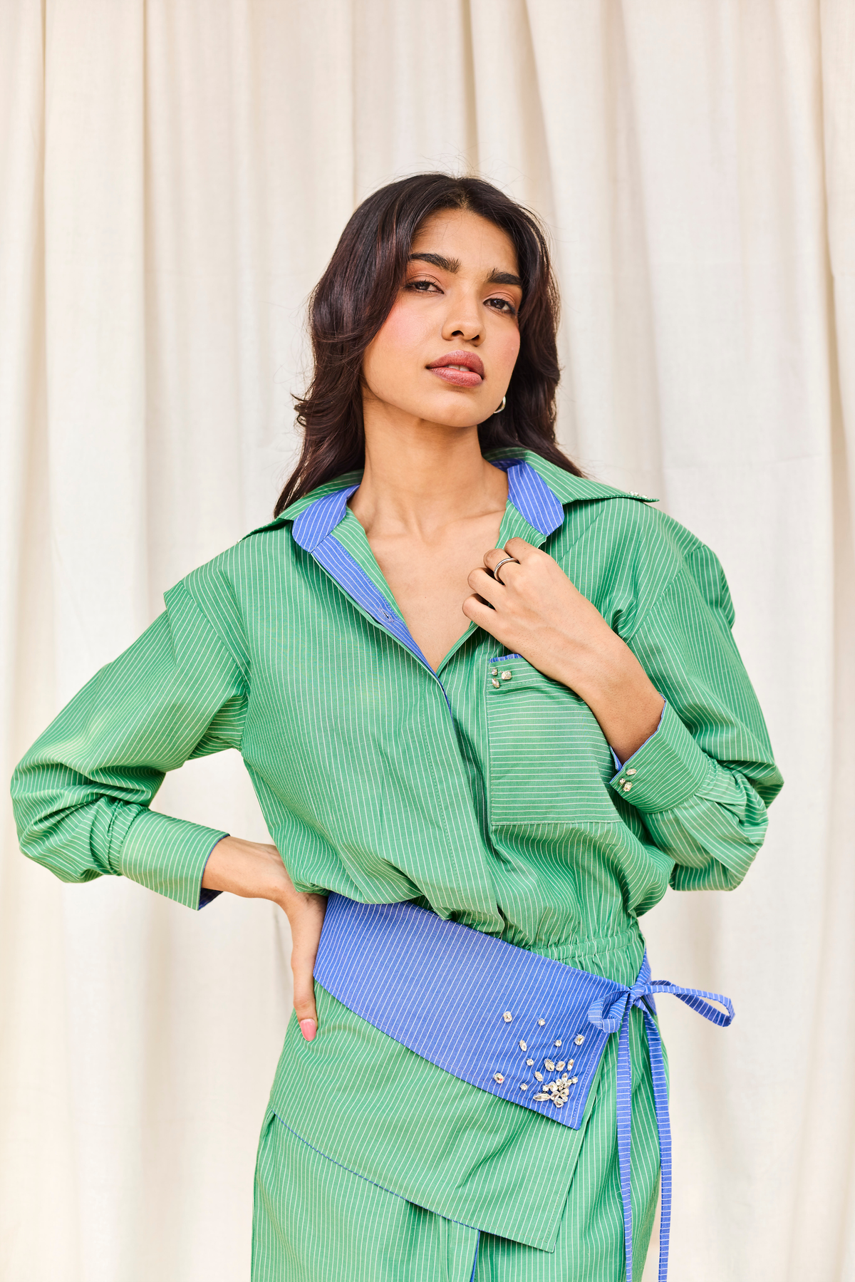 Green Striped Hand Embroidered Midi Dress with Belt