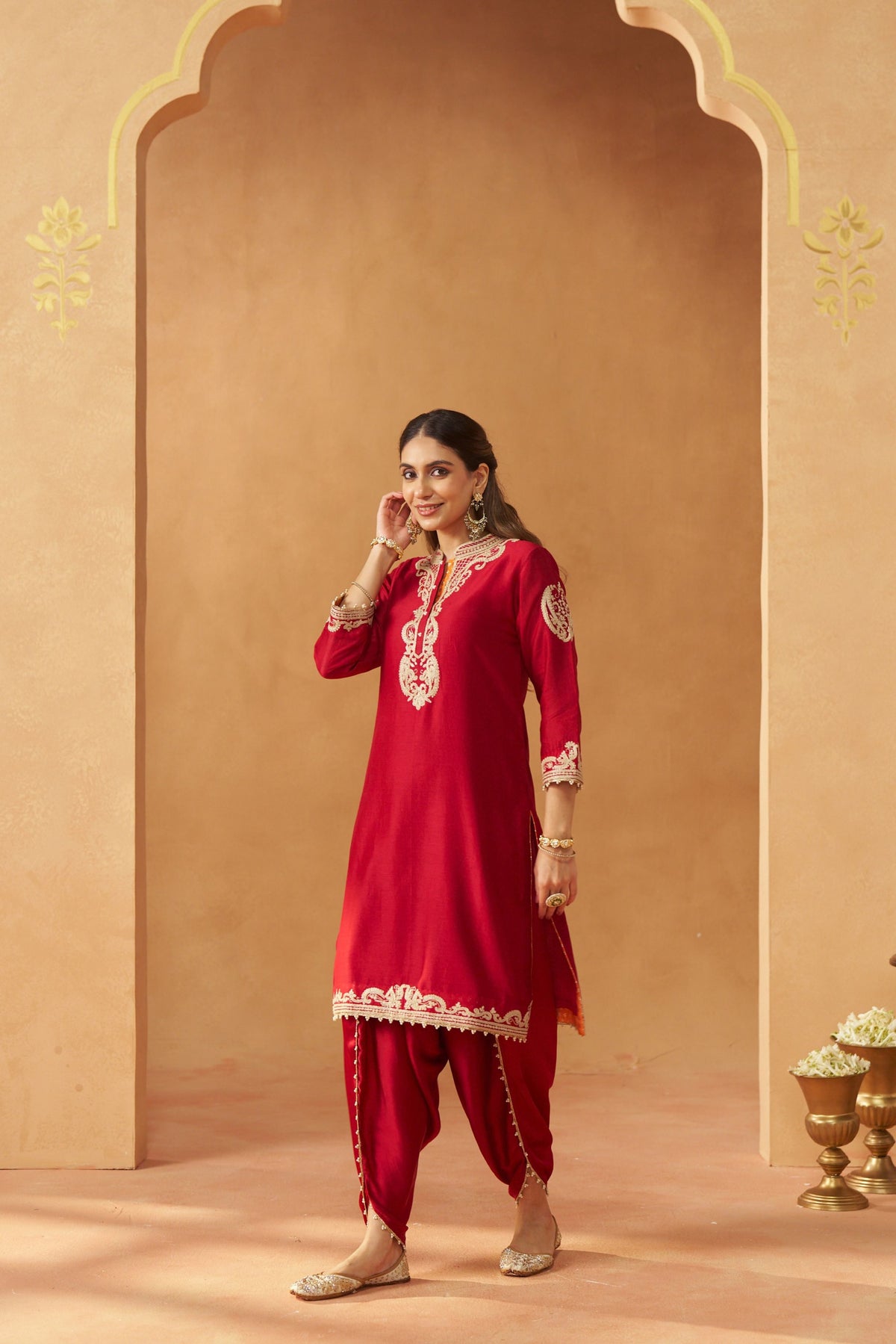 Aabisah- Deep Red Embroidered Kurta With Dhoti