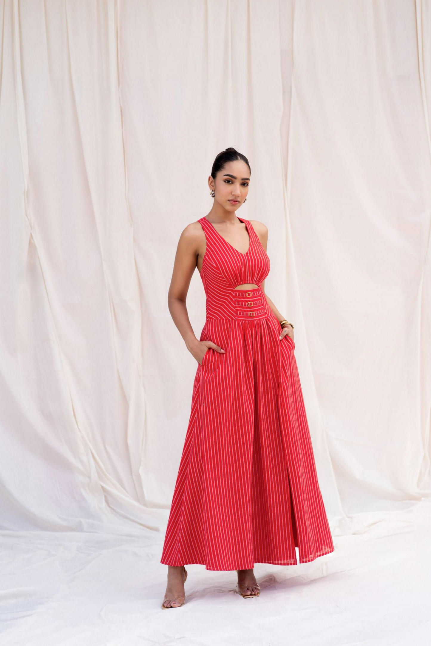 Red Striped Cut-Out Maxi Dress with Slit