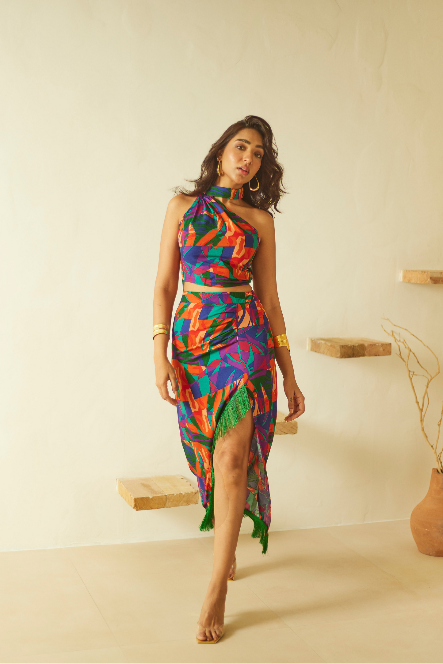 Tropical Skirt Set with Fringe