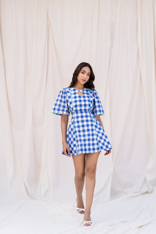 Blue Checks Short dress with Heart Cut-out