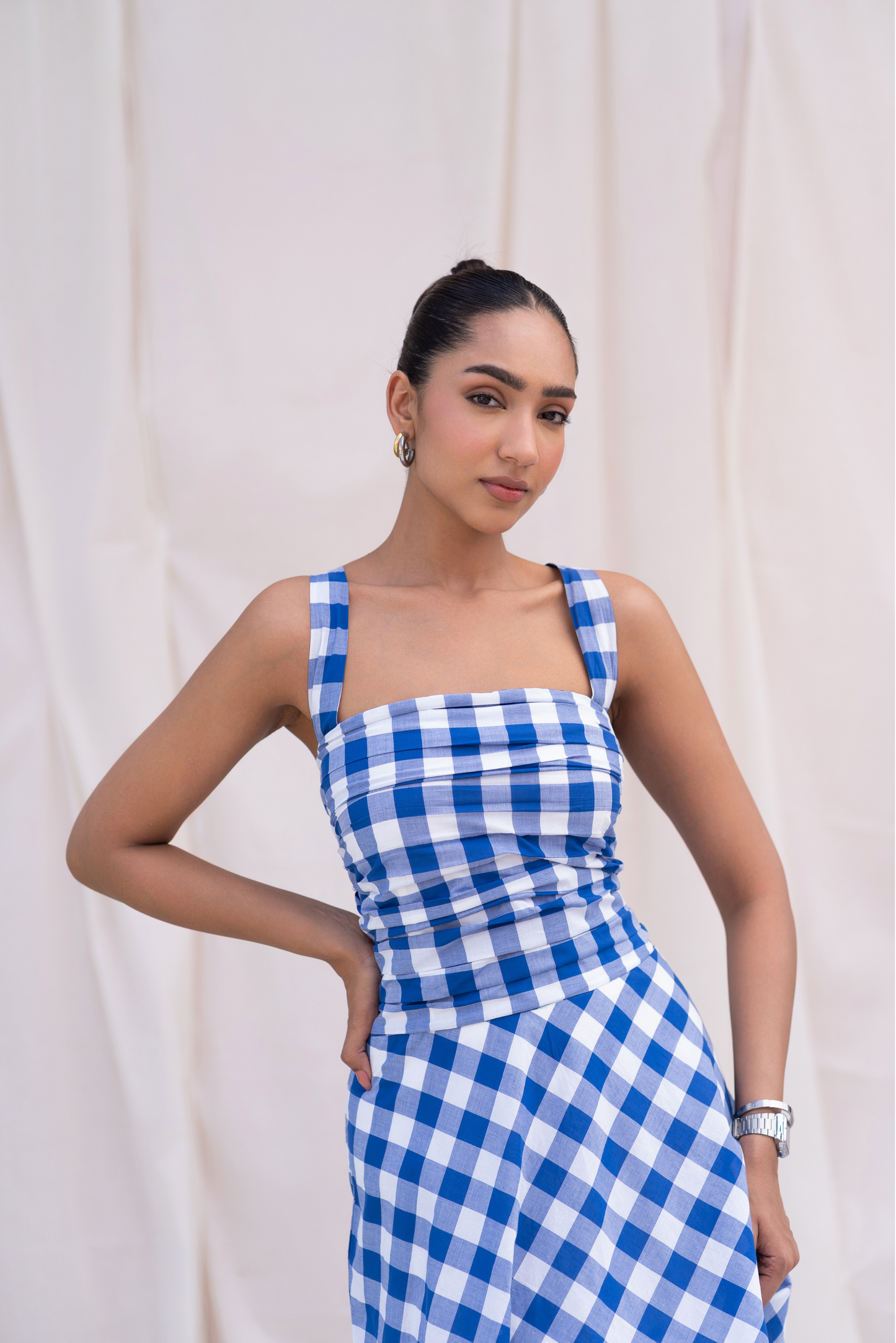 Blue Checks Fit & Flare Maxi Dress