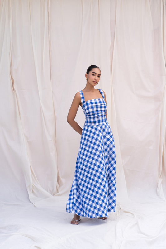 Blue Checks Fit & Flare Maxi Dress