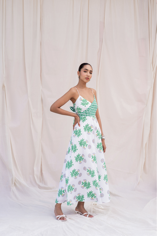 Green Tropical Cotton Midi Dress