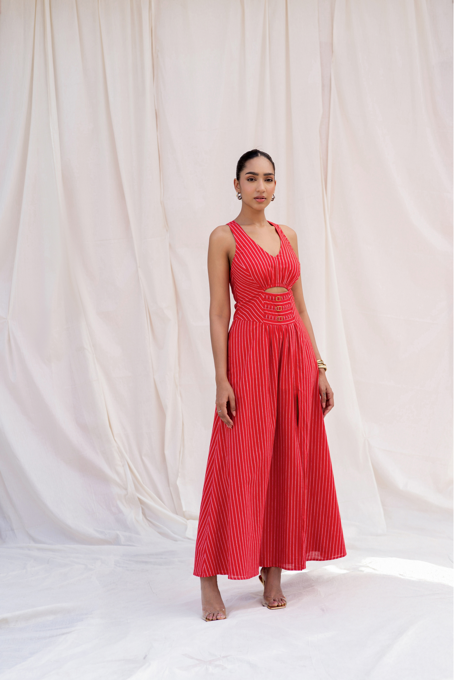 Red Striped Cut-Out Maxi Dress with Slit