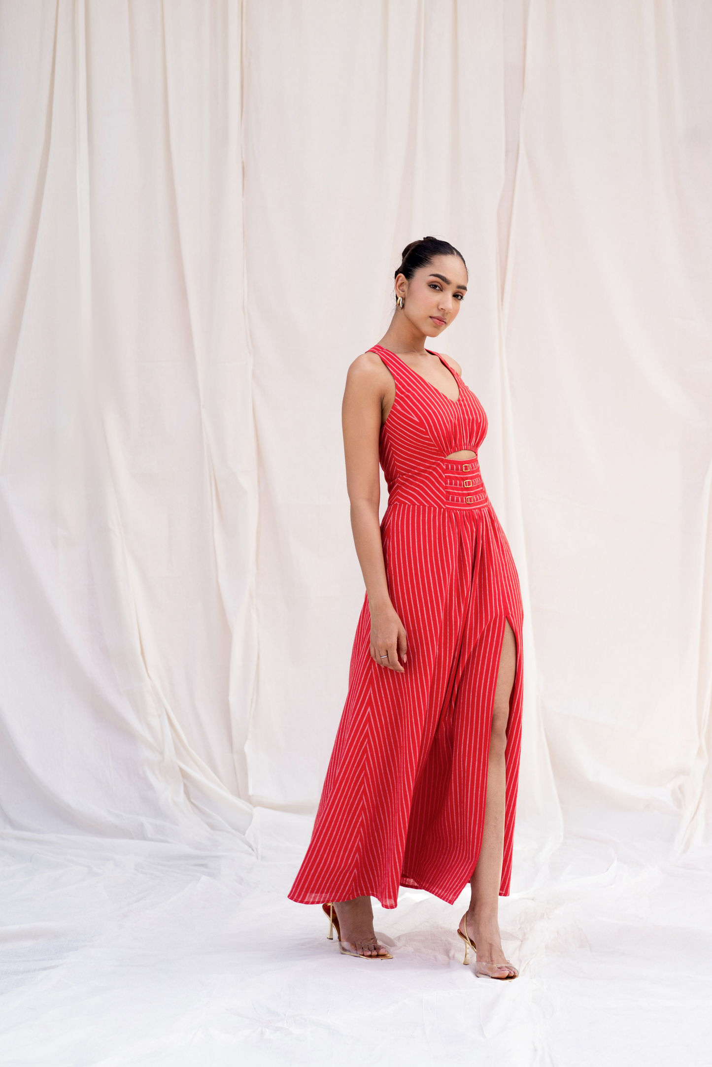 Red Striped Cut-Out Maxi Dress with Slit