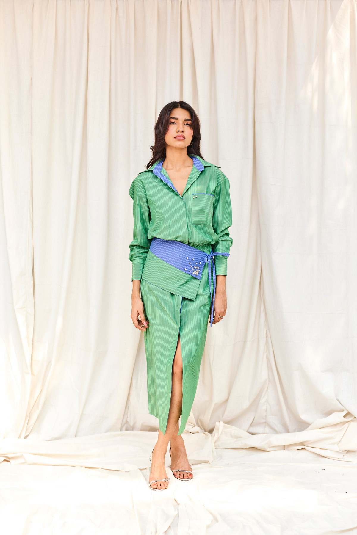 Green Striped Hand Embroidered Midi Dress with Belt