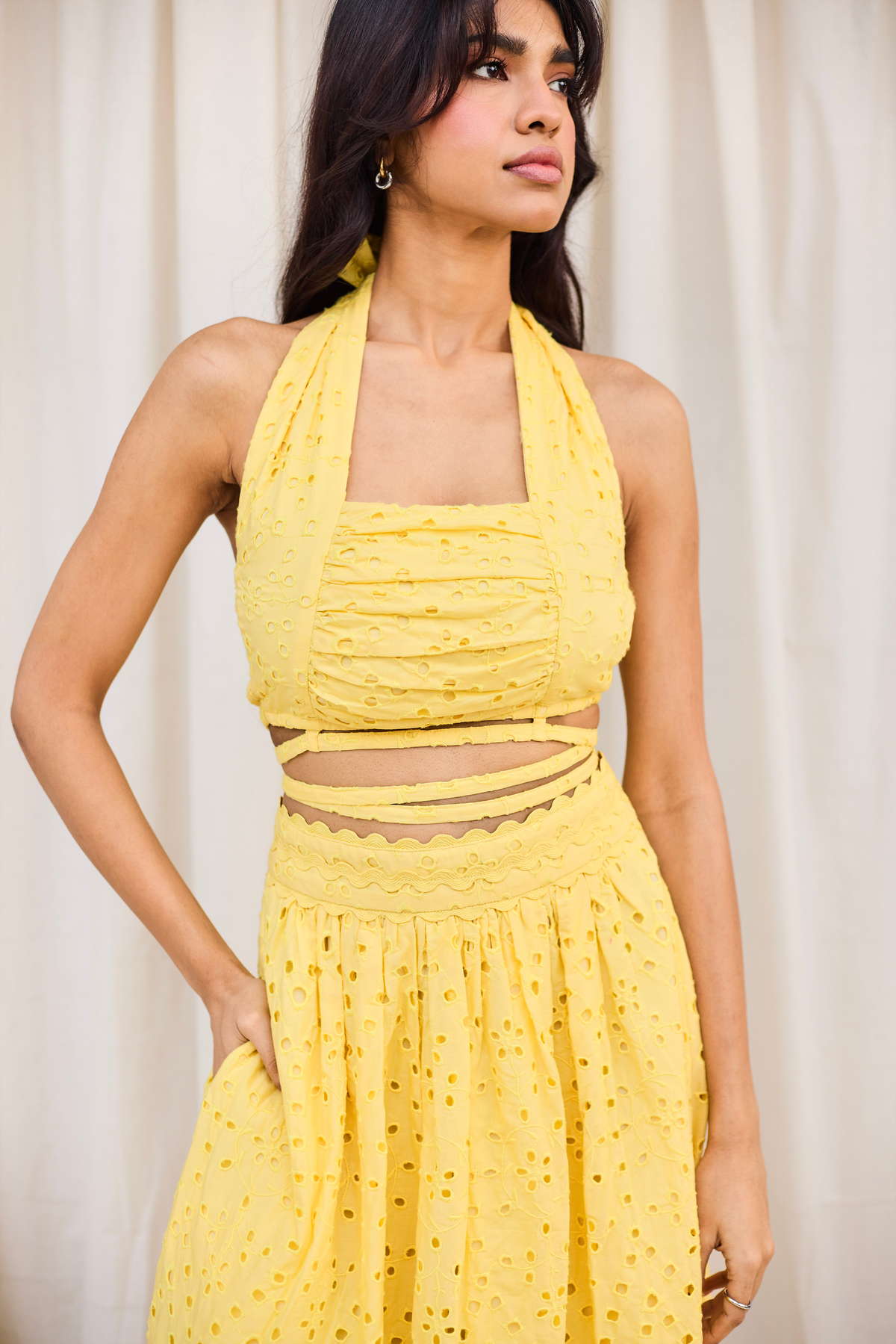 Yellow Schiffli Halter Top with Tie-Up Detail