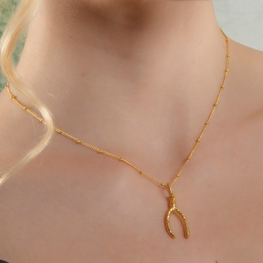 Vintage Textured Wishbone Charm Necklace