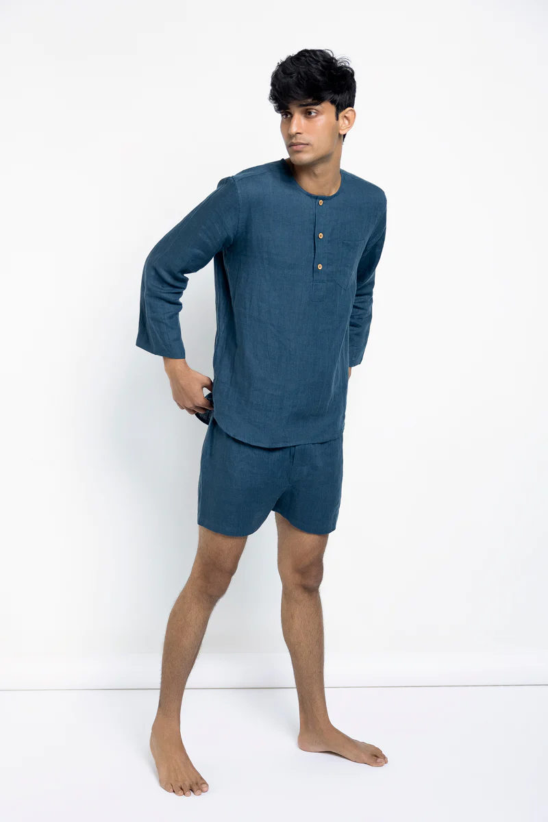 Indigo Linen Men's Shorts Set